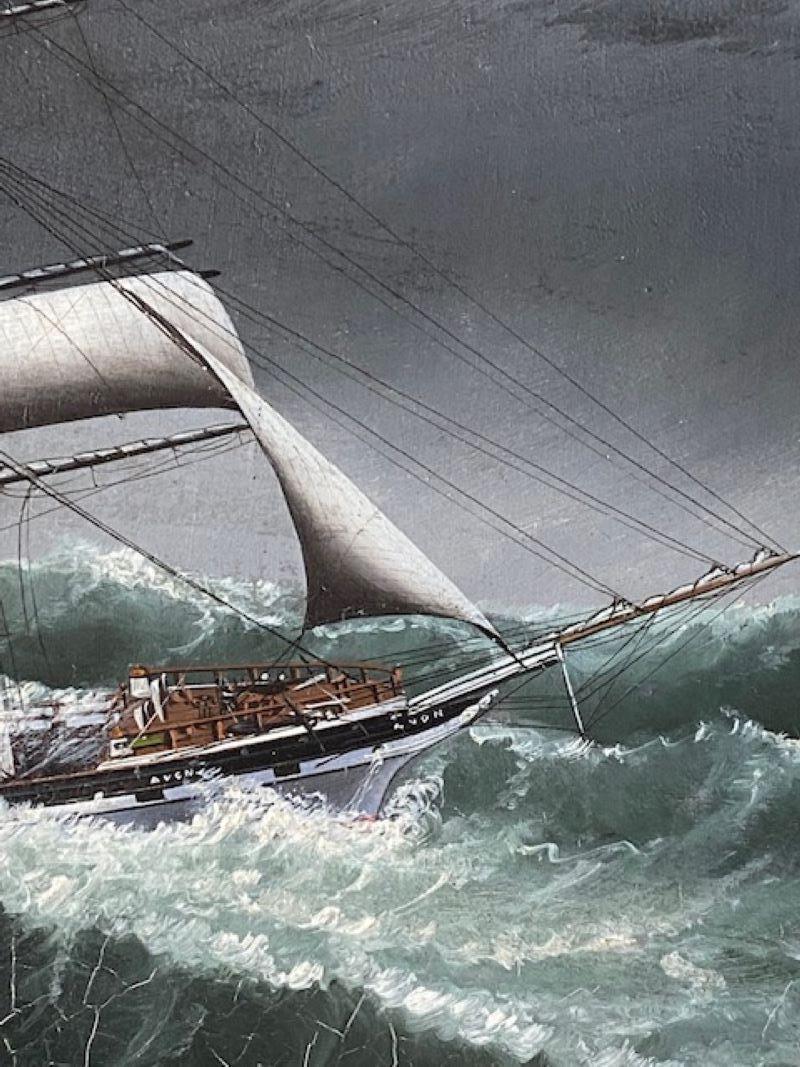 Fin du XIXe siècle Paysage marin de Chine du 19e siècle représentant le navire Avon dans une mer agitée, par Lai Fong. en vente
