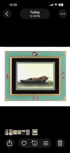 19th C China Trade Watercolor Pith Paper Eglomise Decoupage Frame Duck Boat