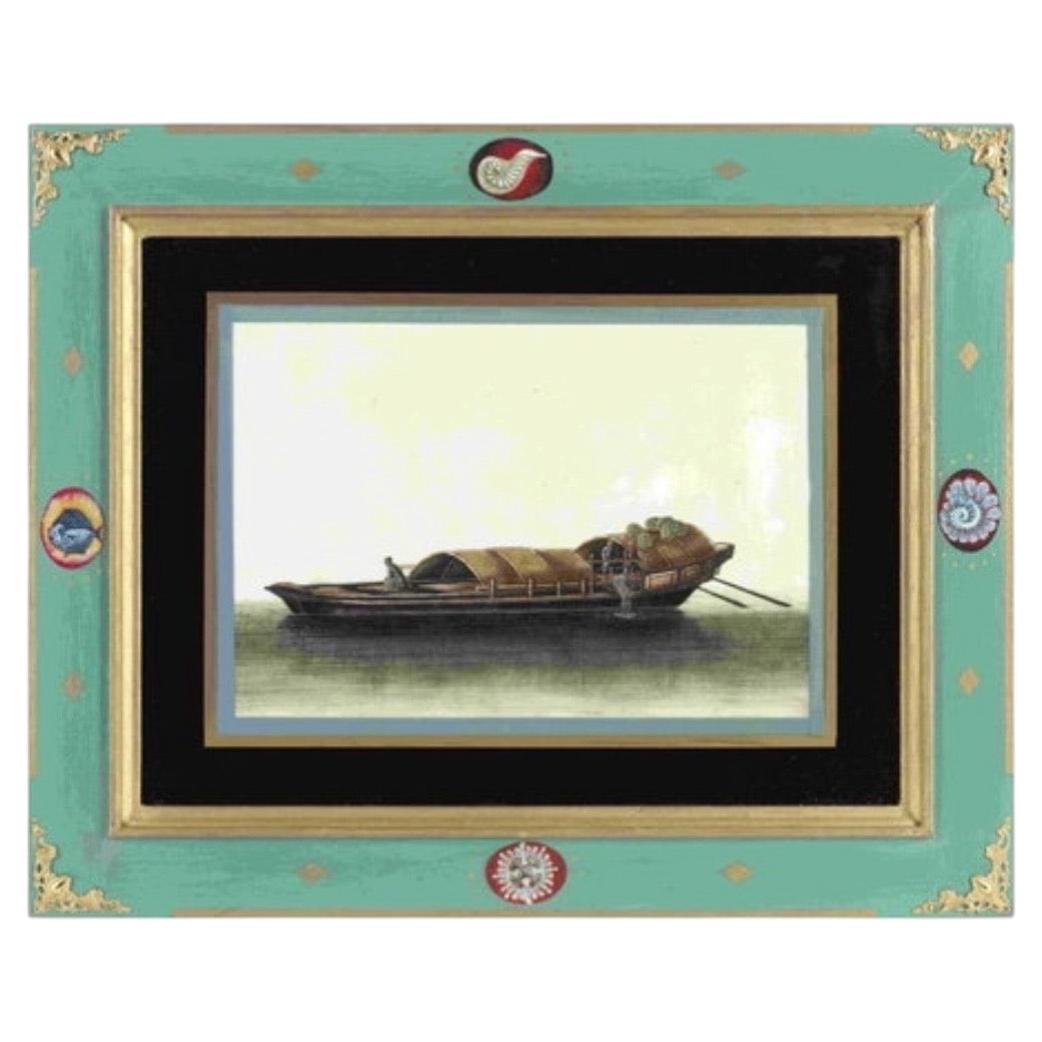 19th C China Trade Watercolor Pith Paper Eglomise Decoupage Frame Duck Boat