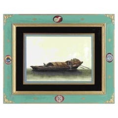 19th C China Trade Watercolor Pith Paper Eglomise Decoupage Frame Duck Boat