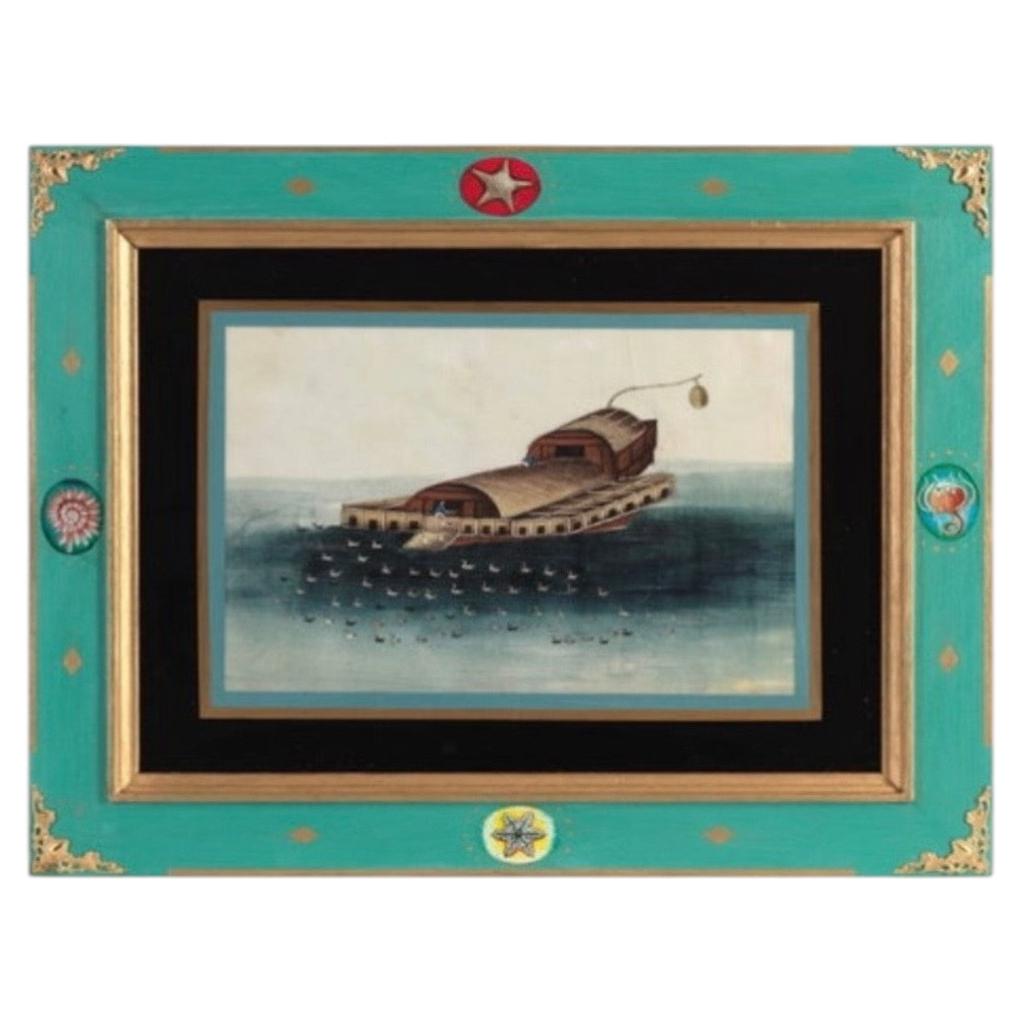 Cornice in decoupage con tecnica eglomise su carta di midollo, acquerello raffigurante una barca da carico a forma di anatra, China Trade del XIX secolo