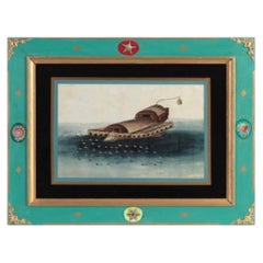 19th C China Trade Watercolor Pith Paper Eglomise Decoupage Frame Duck Junk Boat