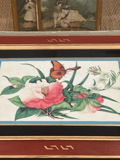 19th C China Trade Watercolor Pith Paper Eglomise Frame with Floral Butterflies