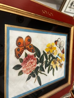 19th C China Trade Watercolor Pith Paper Eglomise Frame with Floral Butterflies