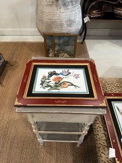 19th C China Trade Watercolor Pith Paper Eglomise Frame with Floral Butterflies