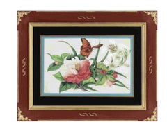 19th C China Trade Watercolor Pith Paper Eglomise Frame with Floral Butterflies