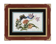 19th C China Trade Watercolor Pith Paper Eglomise Frame with Floral Butterflies