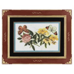 19th C China Trade Watercolor Pith Paper Eglomise Frame with Floral Butterflies