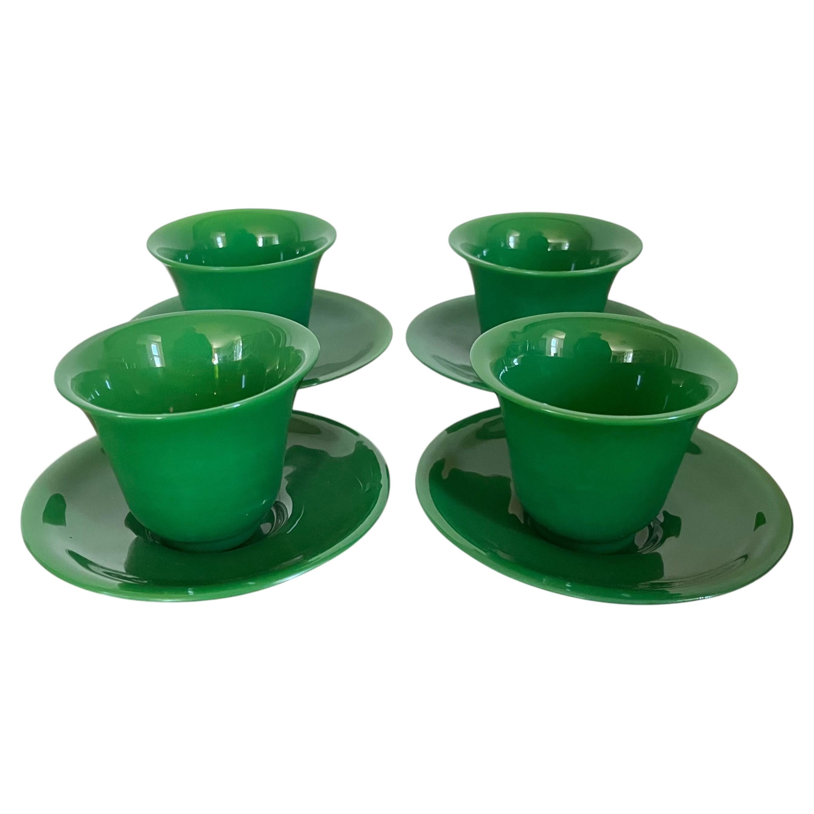 19th c. Chinese Bright Green Peking Glass Tea Cups & Saucers - Set of 4