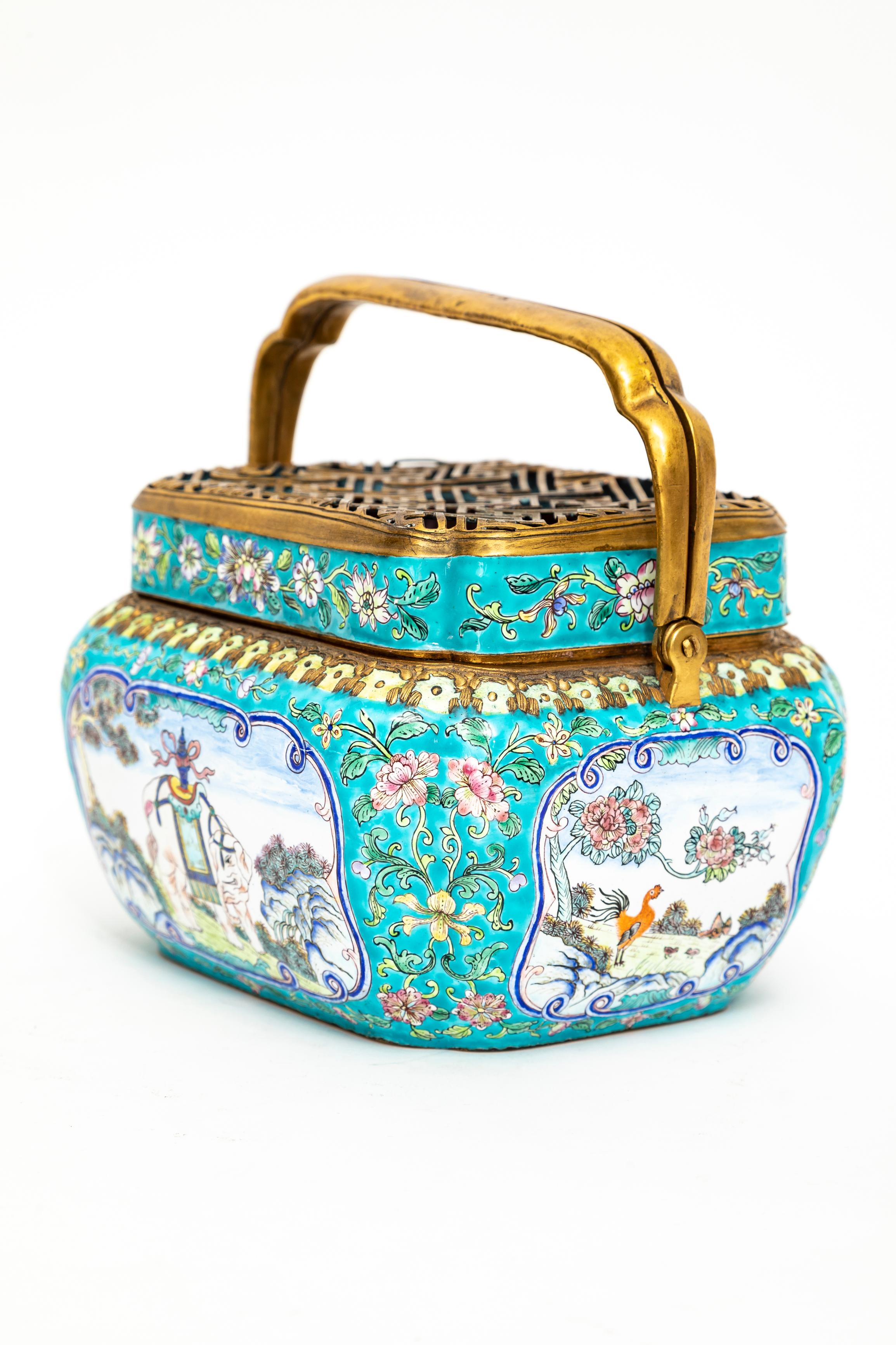 19th C. Chinese Canton Enamel Gilt Bronze Mounted Hand-Warmer w/ Double Handle For Sale 5