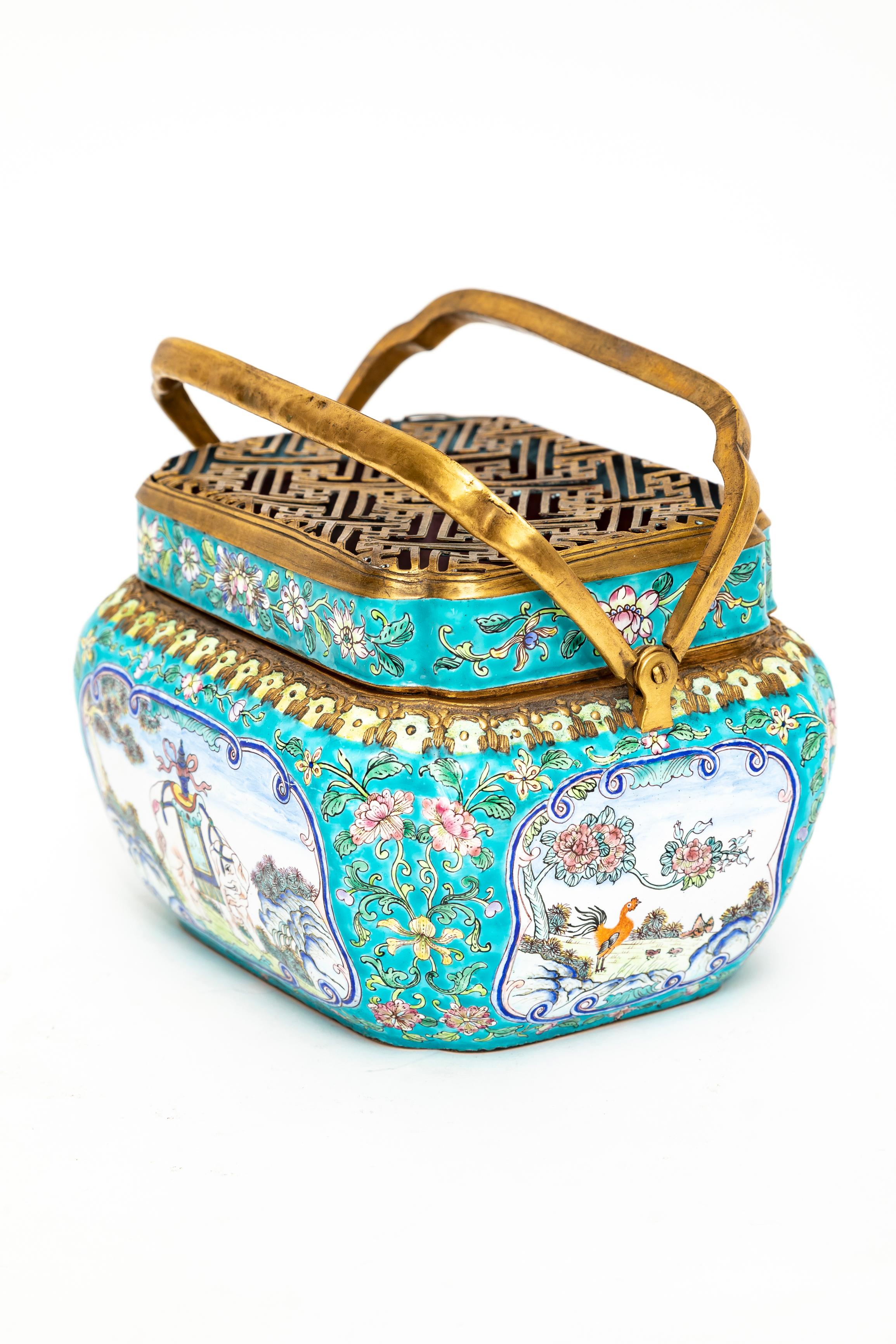 19th C. Chinese Canton Enamel Gilt Bronze Mounted Hand-Warmer w/ Double Handle For Sale 6