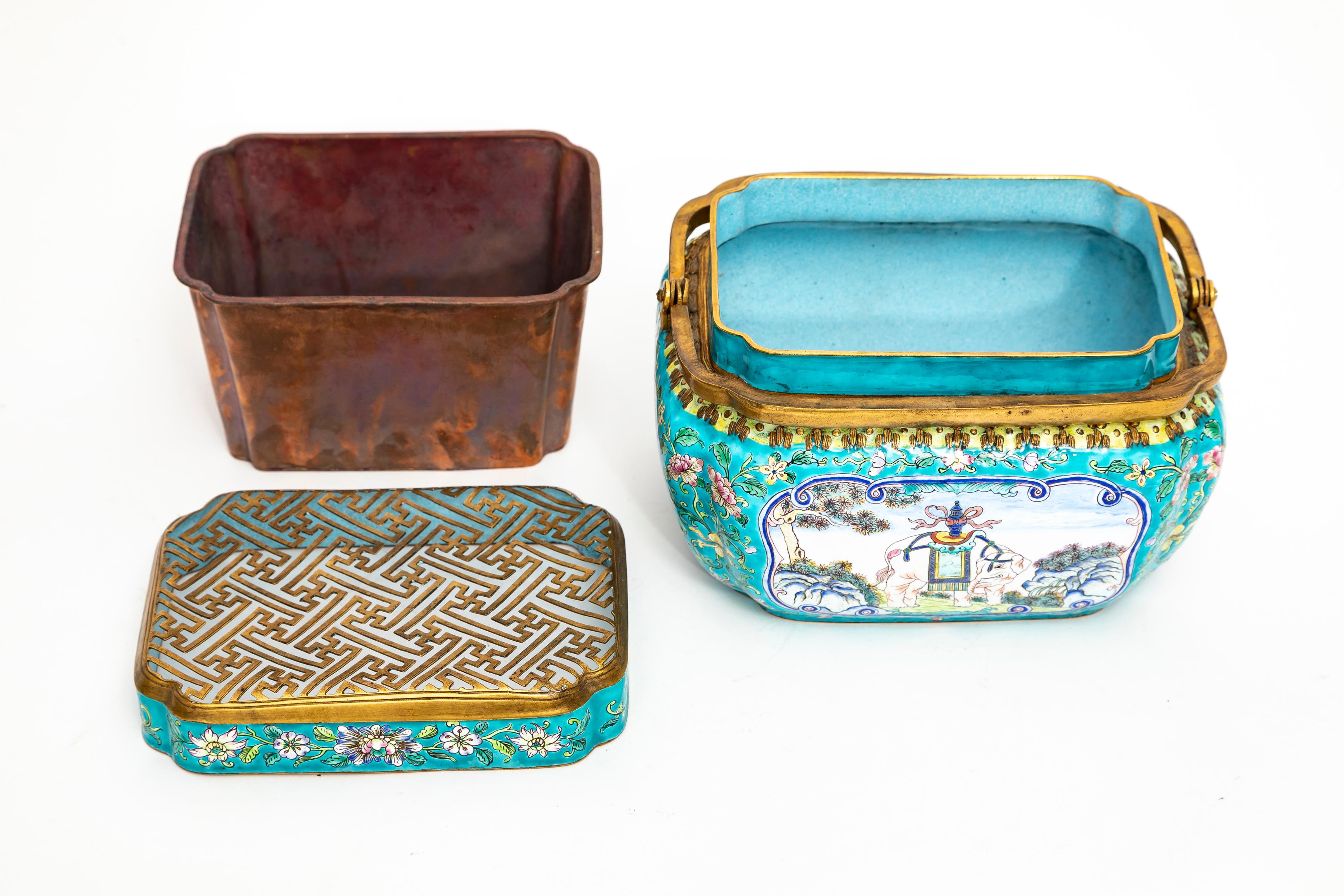 19th C. Chinese Canton Enamel Gilt Bronze Mounted Hand-Warmer w/ Double Handle For Sale 7