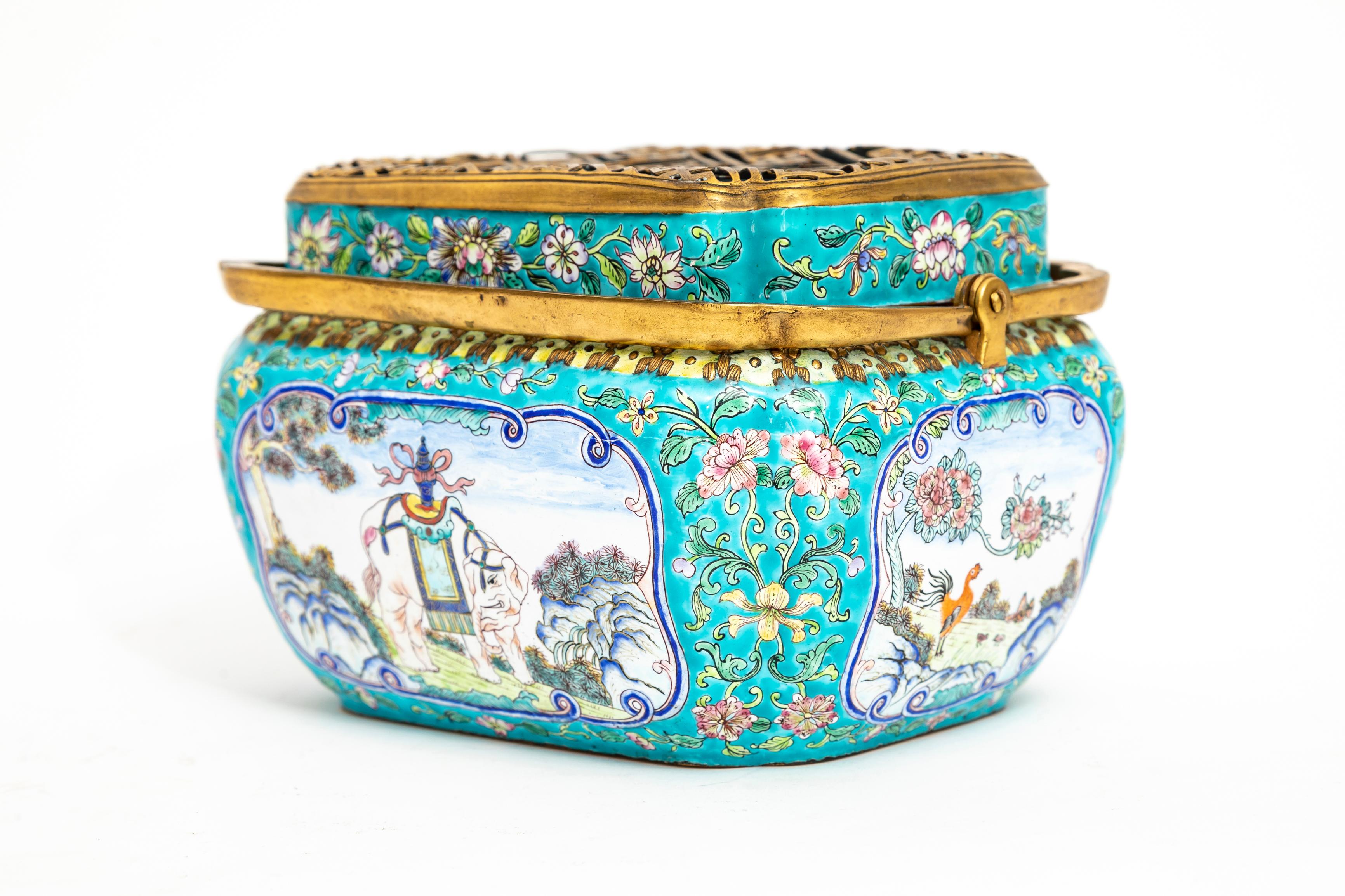 Chinese Export 19th C. Chinese Canton Enamel Gilt Bronze Mounted Hand-Warmer w/ Double Handle For Sale