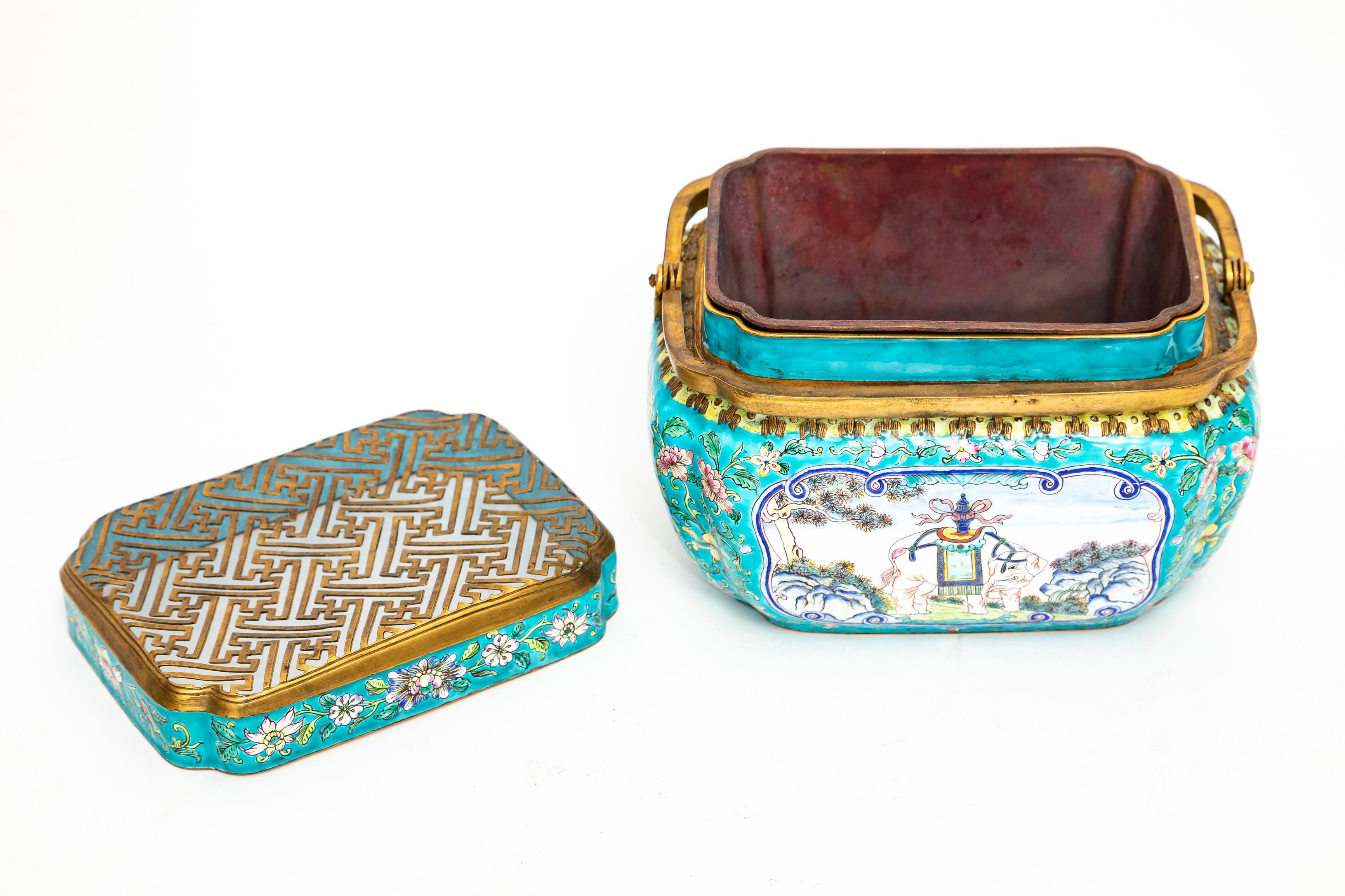19th Century 19th C. Chinese Canton Enamel Gilt Bronze Mounted Hand-Warmer w/ Double Handle For Sale