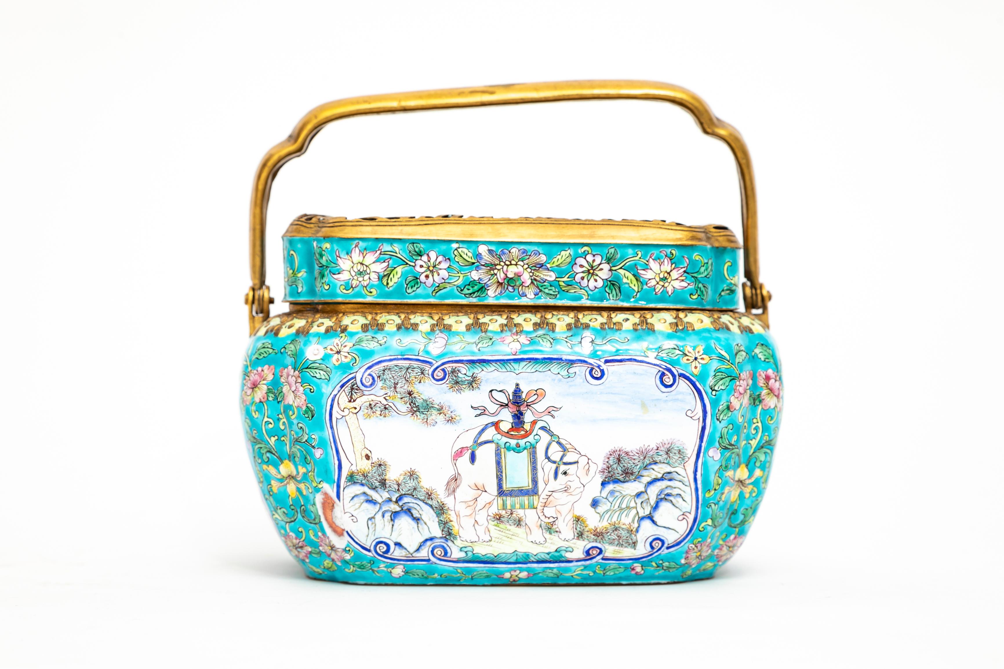 19th C. Chinese Canton Enamel Gilt Bronze Mounted Hand-Warmer w/ Double Handle For Sale 1