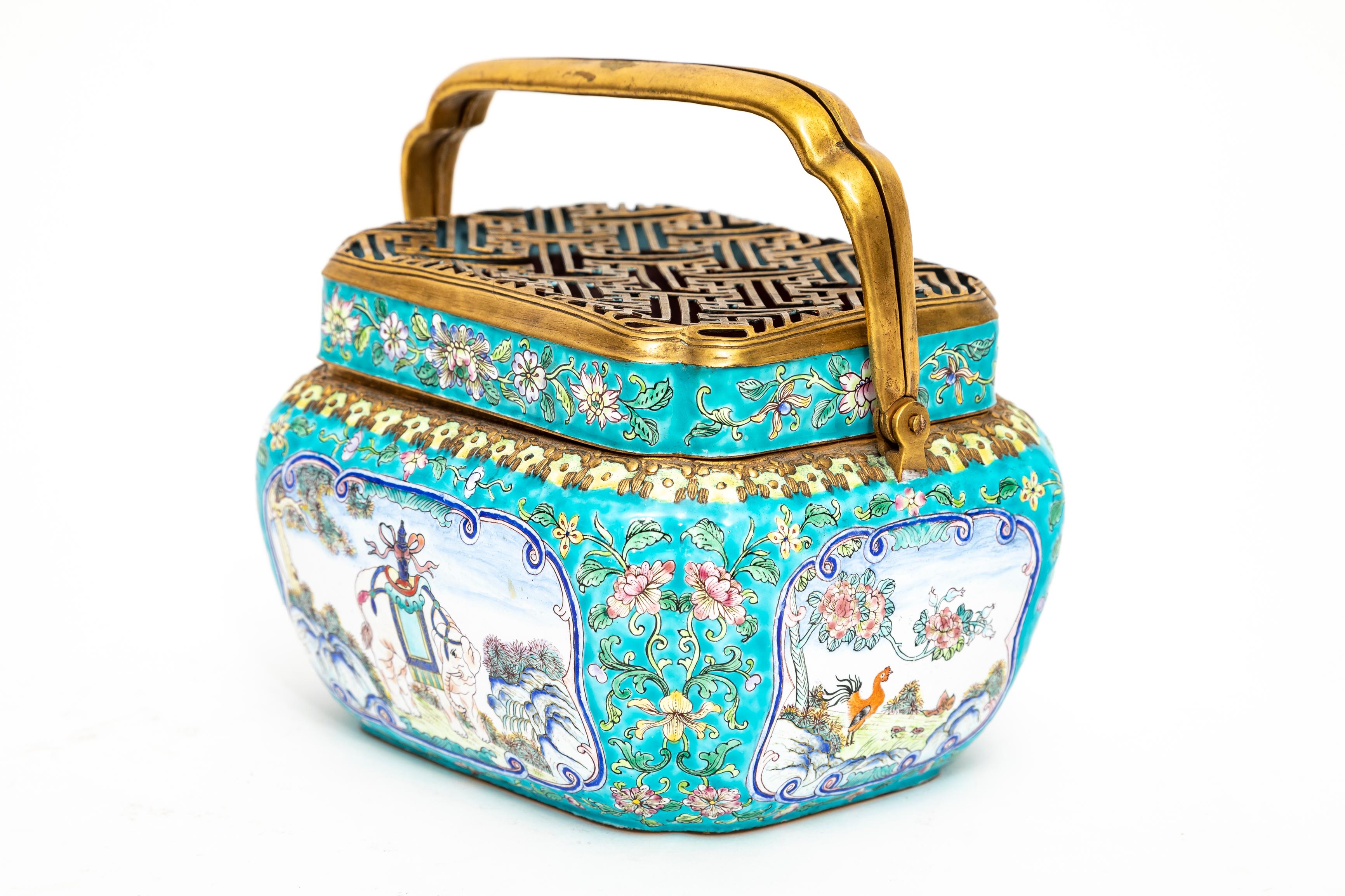 19th C. Chinese Canton Enamel Gilt Bronze Mounted Hand-Warmer w/ Double Handle For Sale 2