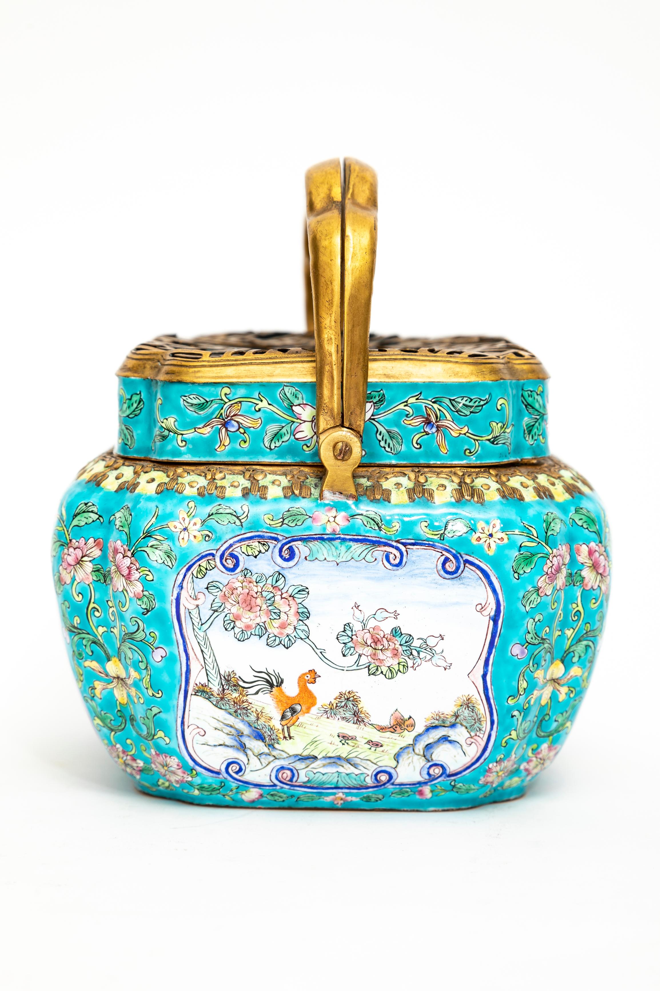 19th C. Chinese Canton Enamel Gilt Bronze Mounted Hand-Warmer w/ Double Handle For Sale 3