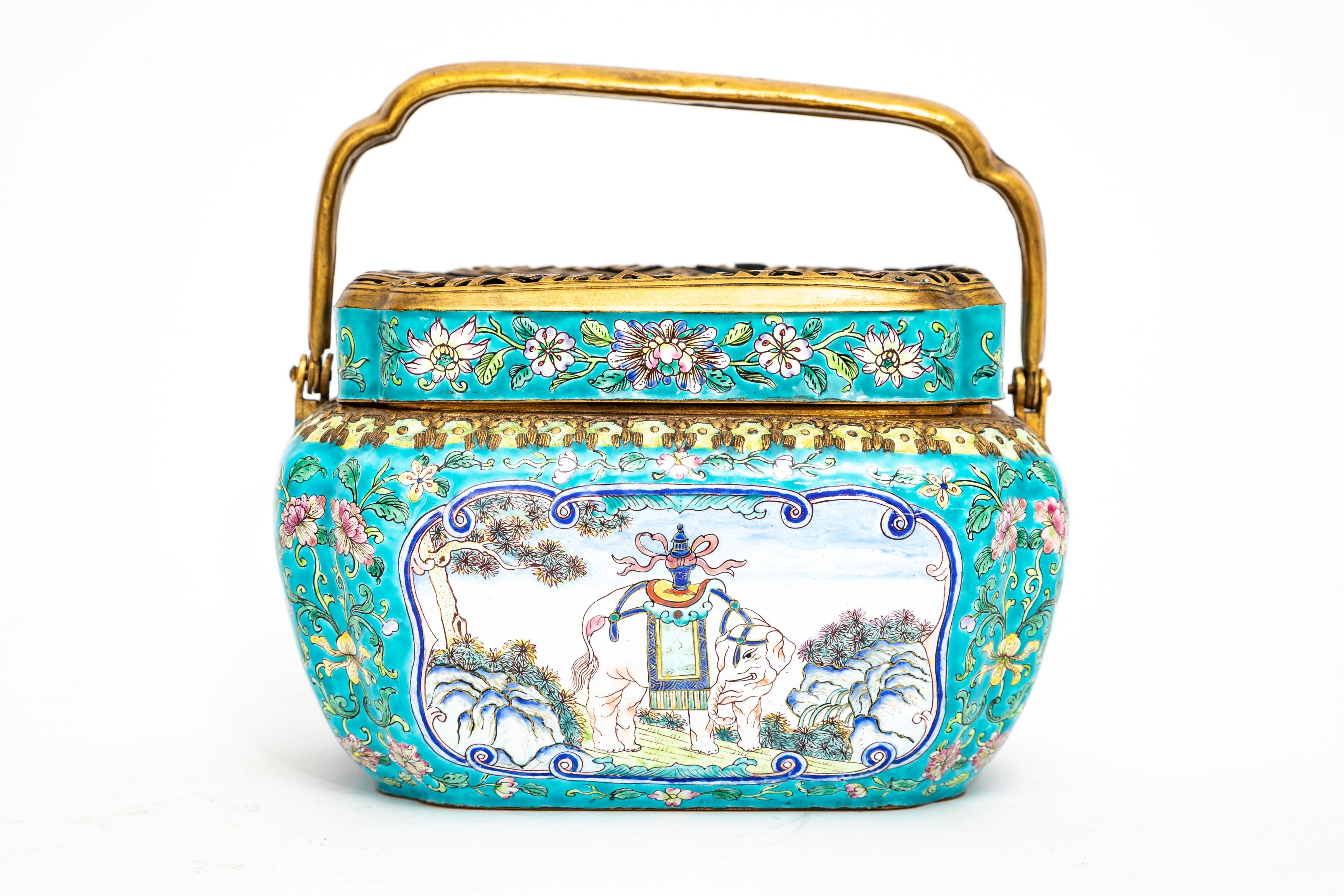 19th C. Chinese Canton Enamel Gilt Bronze Mounted Hand-Warmer w/ Double Handle For Sale 4