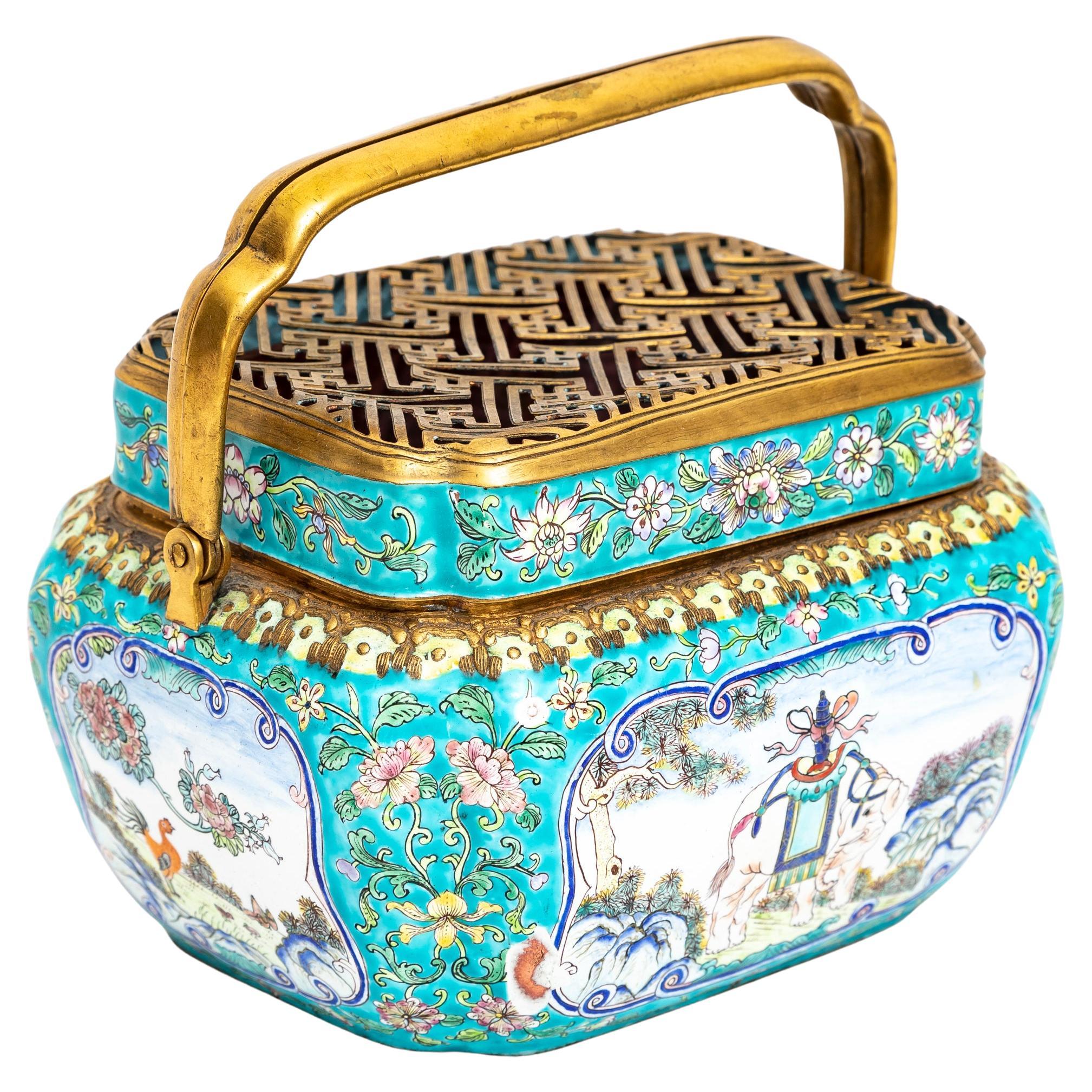 19th C. Chinese Canton Enamel Gilt Bronze Mounted Hand-Warmer w/ Double Handle For Sale