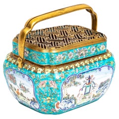 19th C. Chinese Canton Enamel Gilt Bronze Mounted Hand-Warmer w/ Double Handle