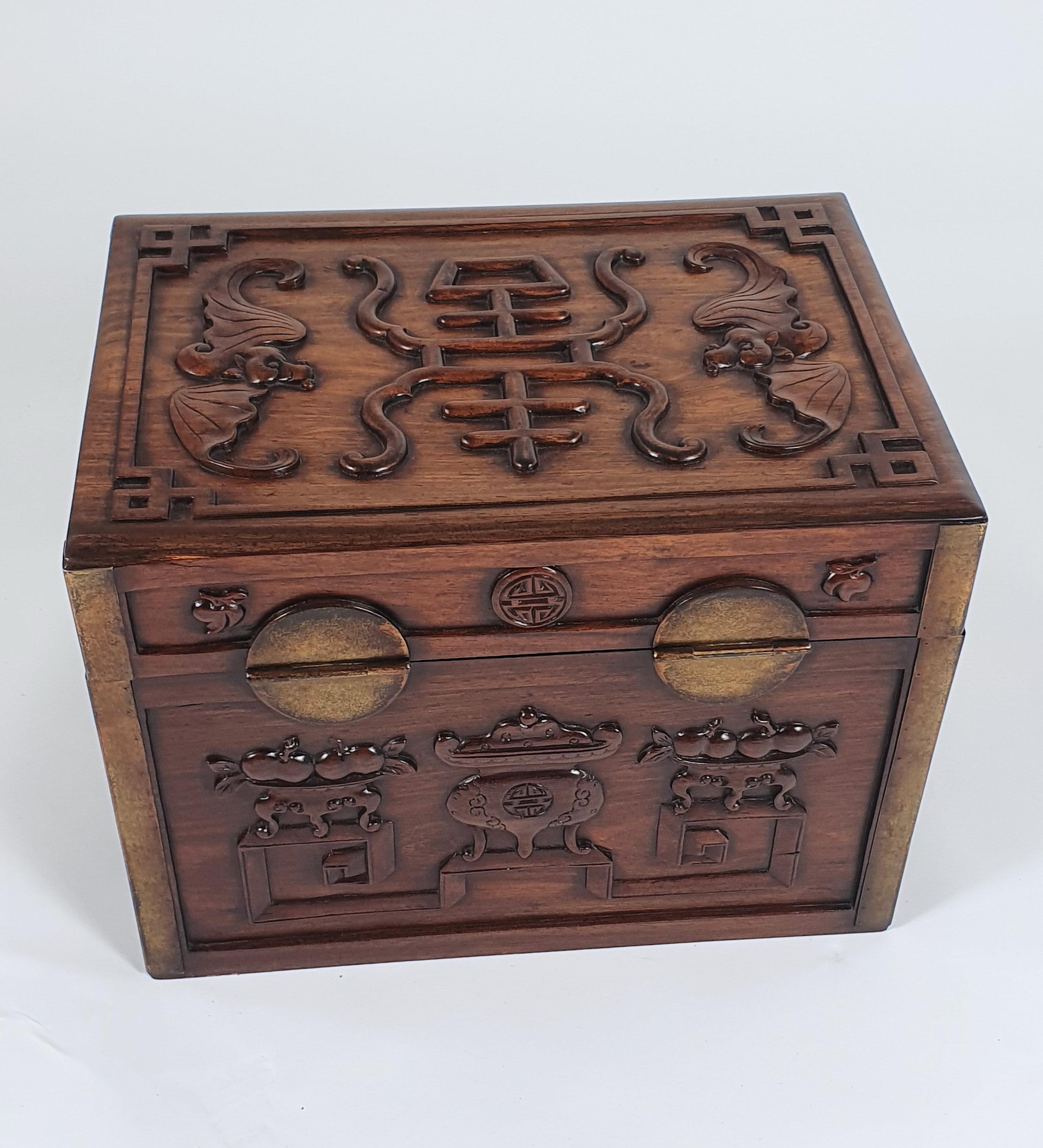 19th Century Chinese Carved Hardwood Documents Box In Good Condition For Sale In London, west Sussex