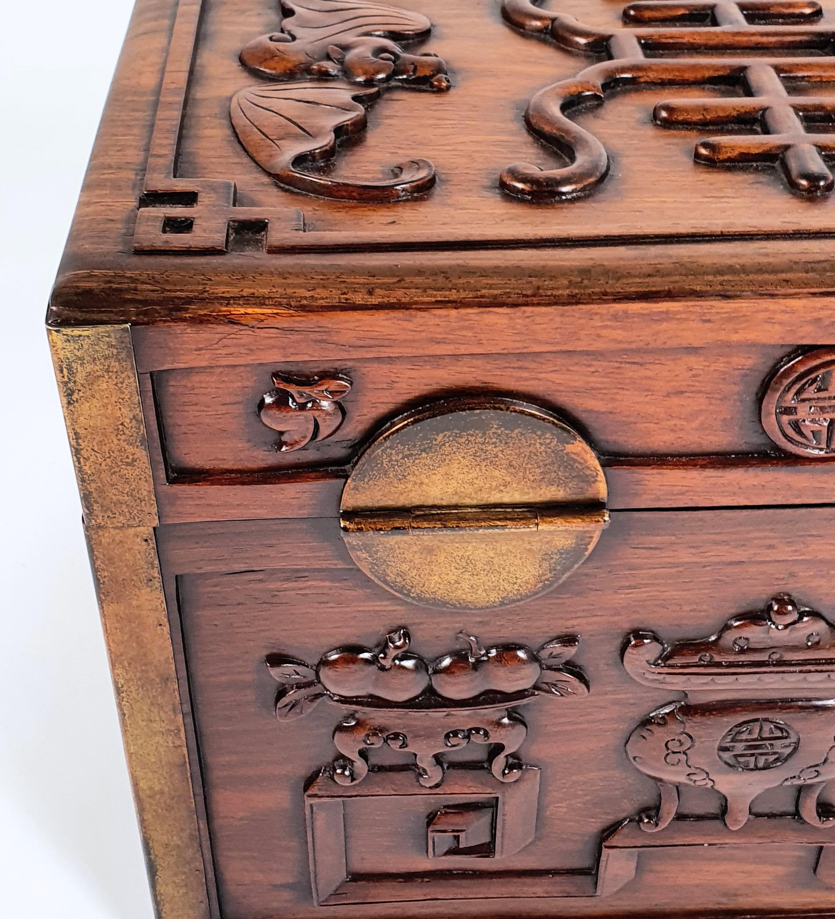 Brass 19th Century Chinese Carved Hardwood Documents Box For Sale
