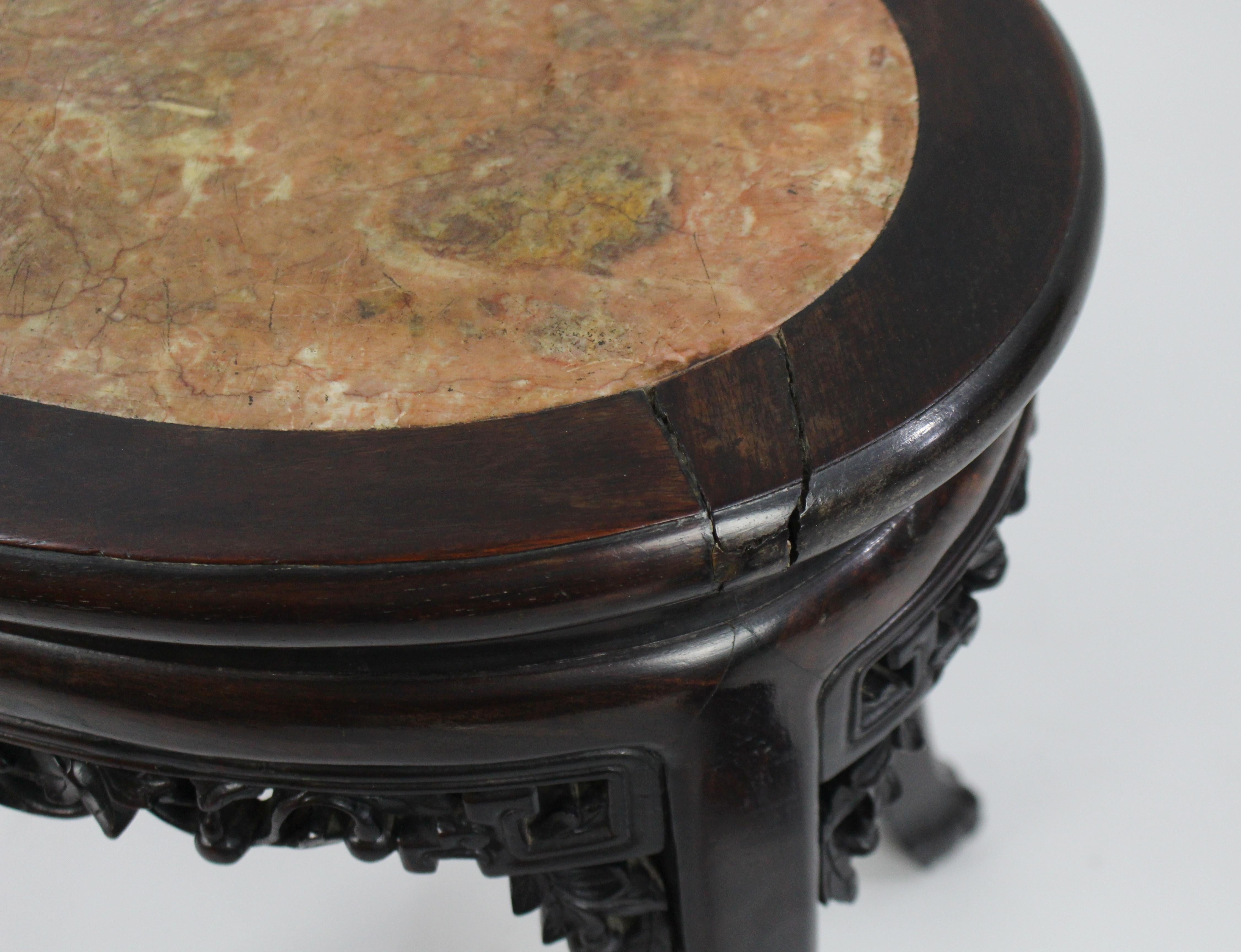 19th Century Chinese Carved Rosewood Marble Topped Occasional Table 3