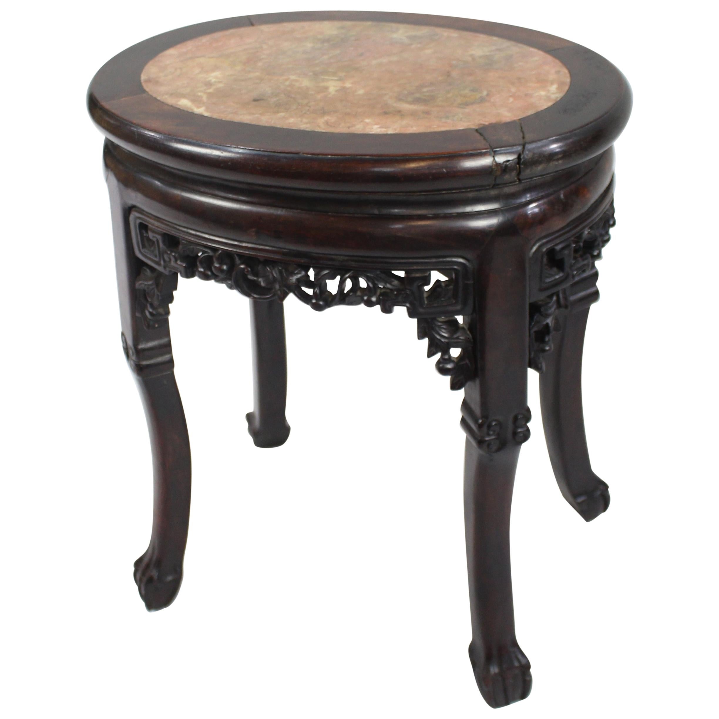 19th Century Chinese Carved Rosewood Marble Topped Occasional Table