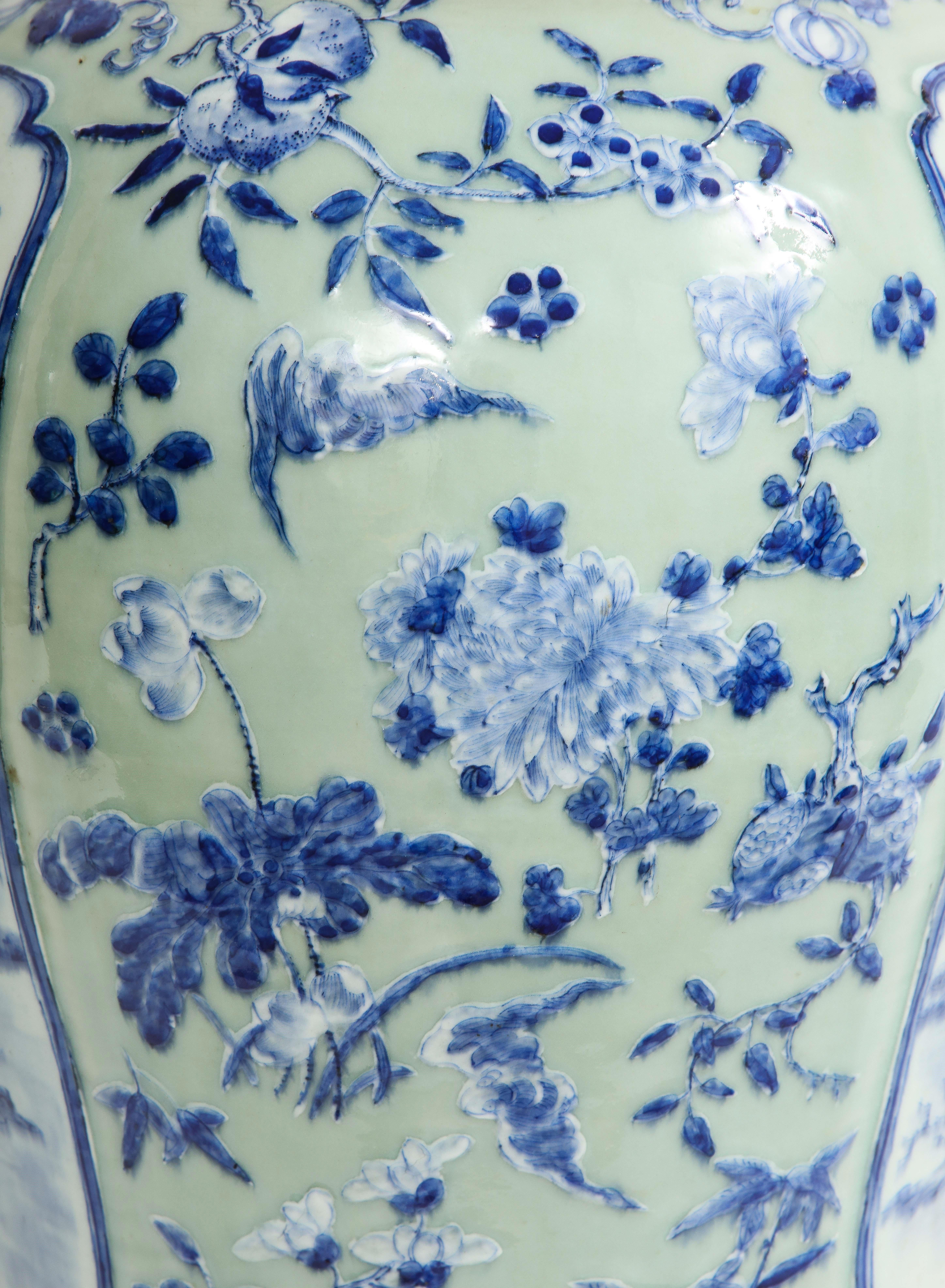 19th C Chinese Celadon Ground Vase: Blue & White Cartouches of Scholars & Elders For Sale 3