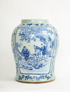 19th C Chinese Celadon Ground Vase: Blue & White Cartouches of Scholars & Elders