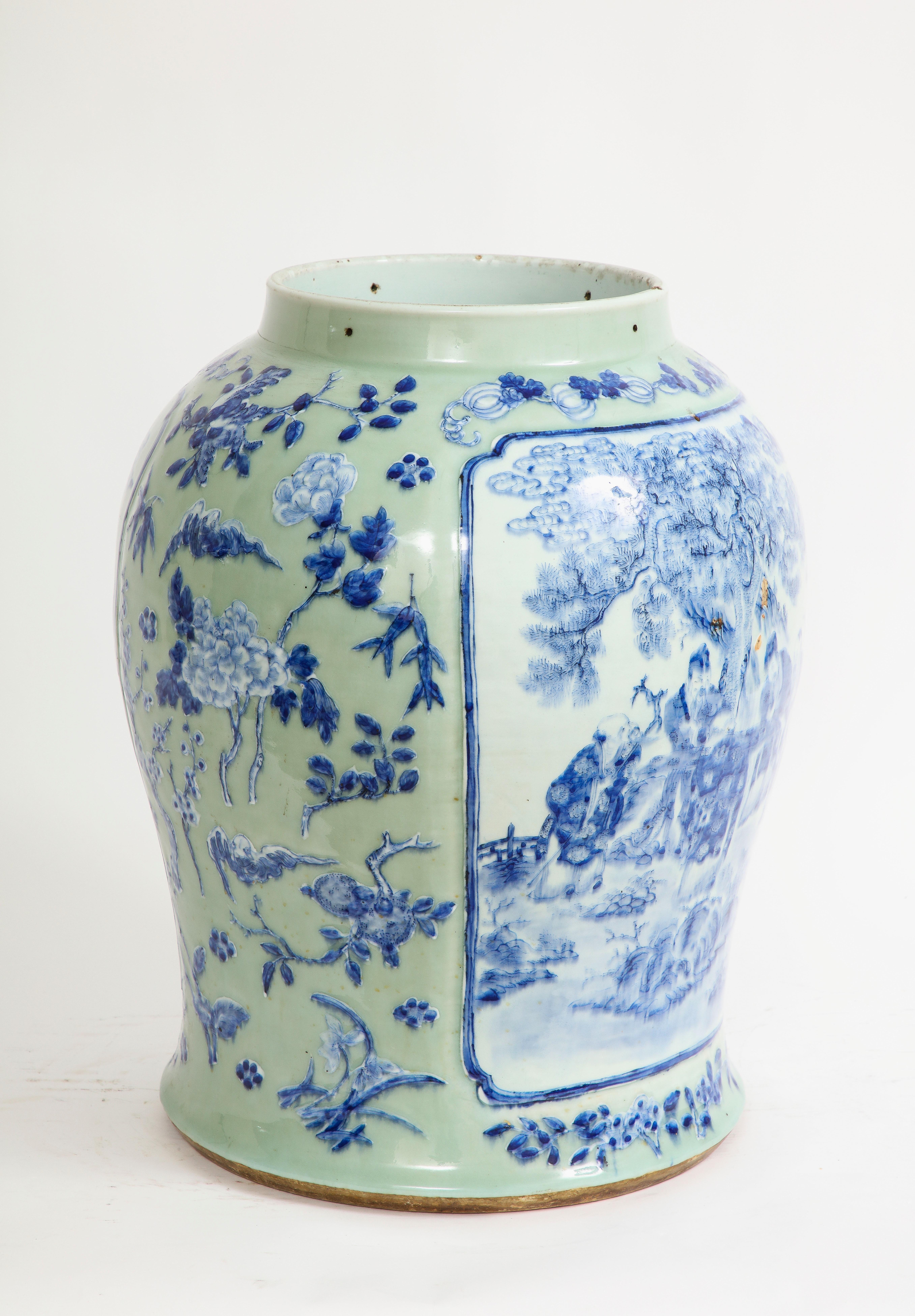 Hand-Carved 19th C Chinese Celadon Ground Vase: Blue & White Cartouches of Scholars & Elders For Sale