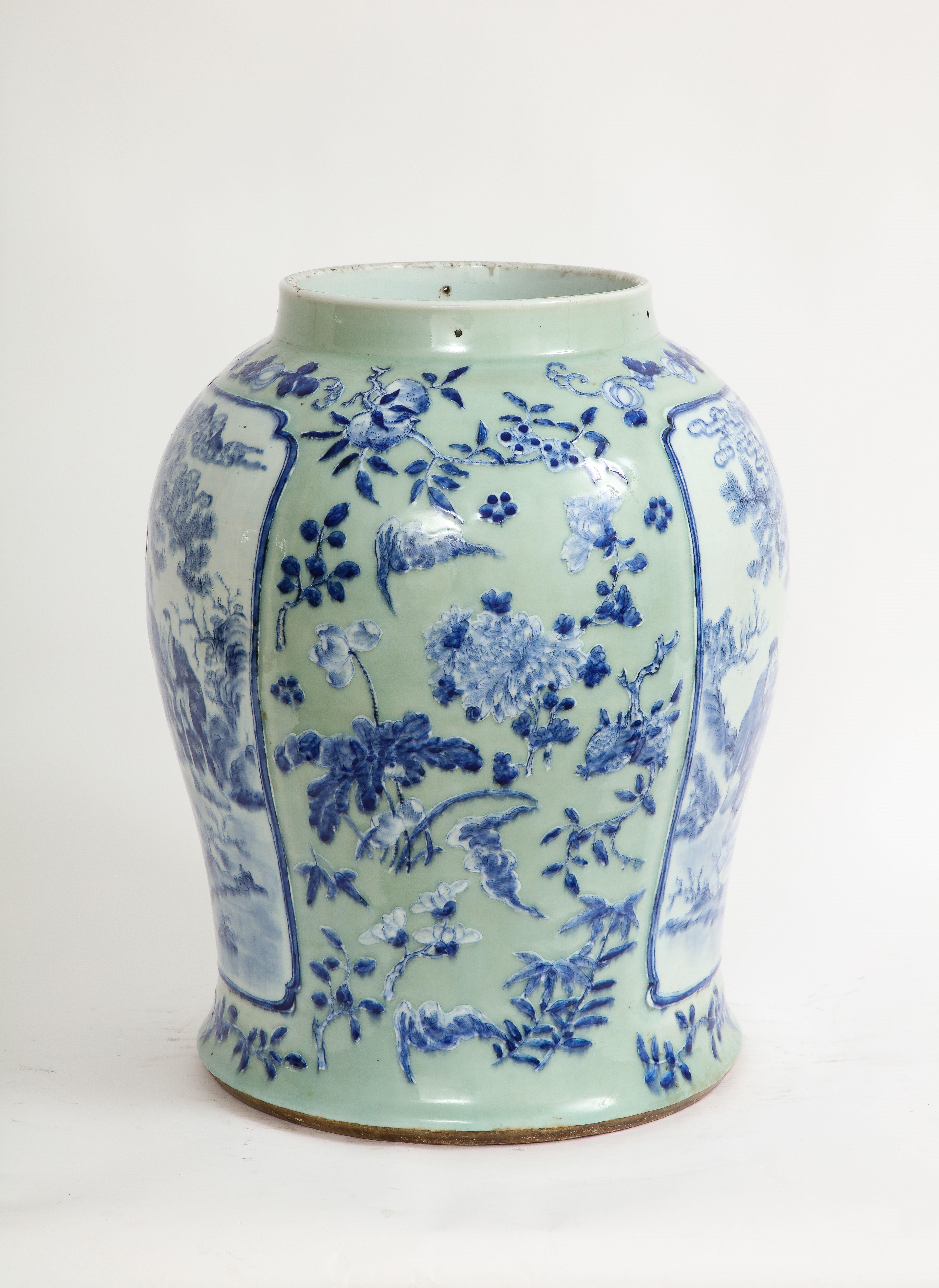 Porcelain 19th C Chinese Celadon Ground Vase: Blue & White Cartouches of Scholars & Elders For Sale