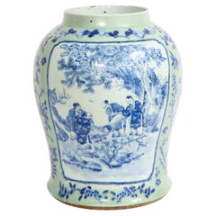 Retro 19th C Chinese Celadon Ground Vase: Blue & White Cartouches of Scholars & Elders