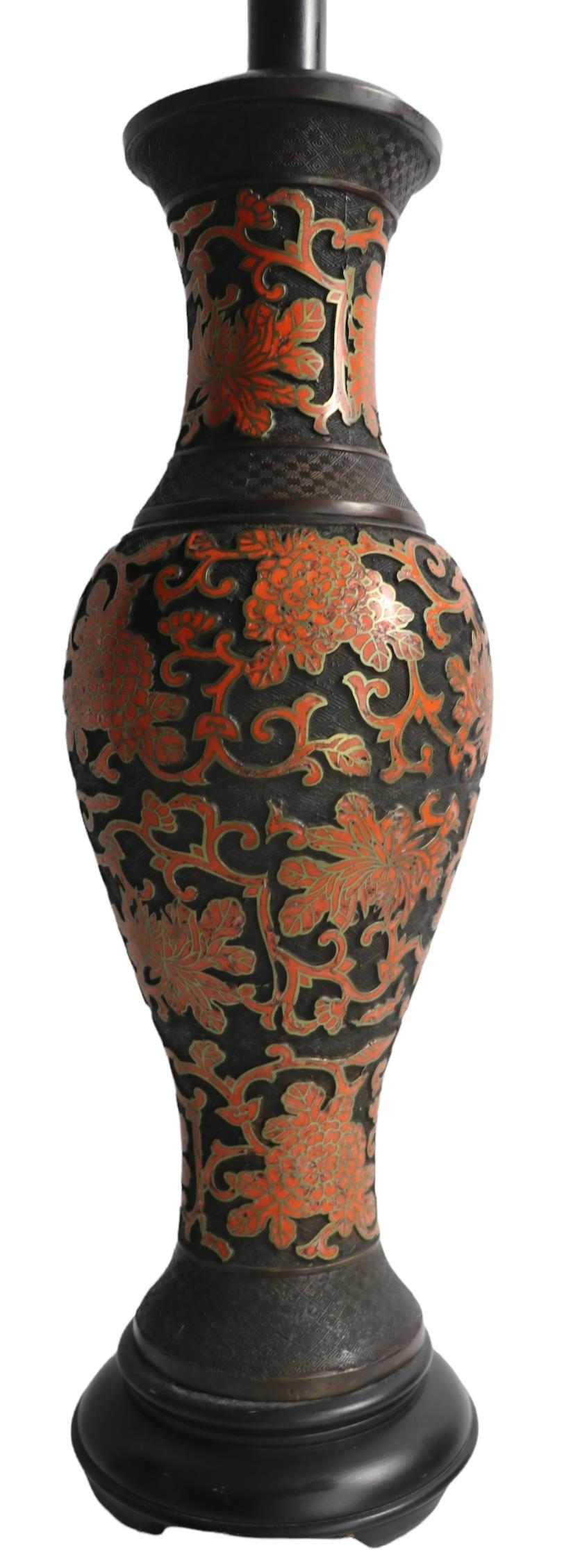 19th Century 19th C, Chinese, Champleve Cloisonne Vase Mounted as a Table Lamp For Sale