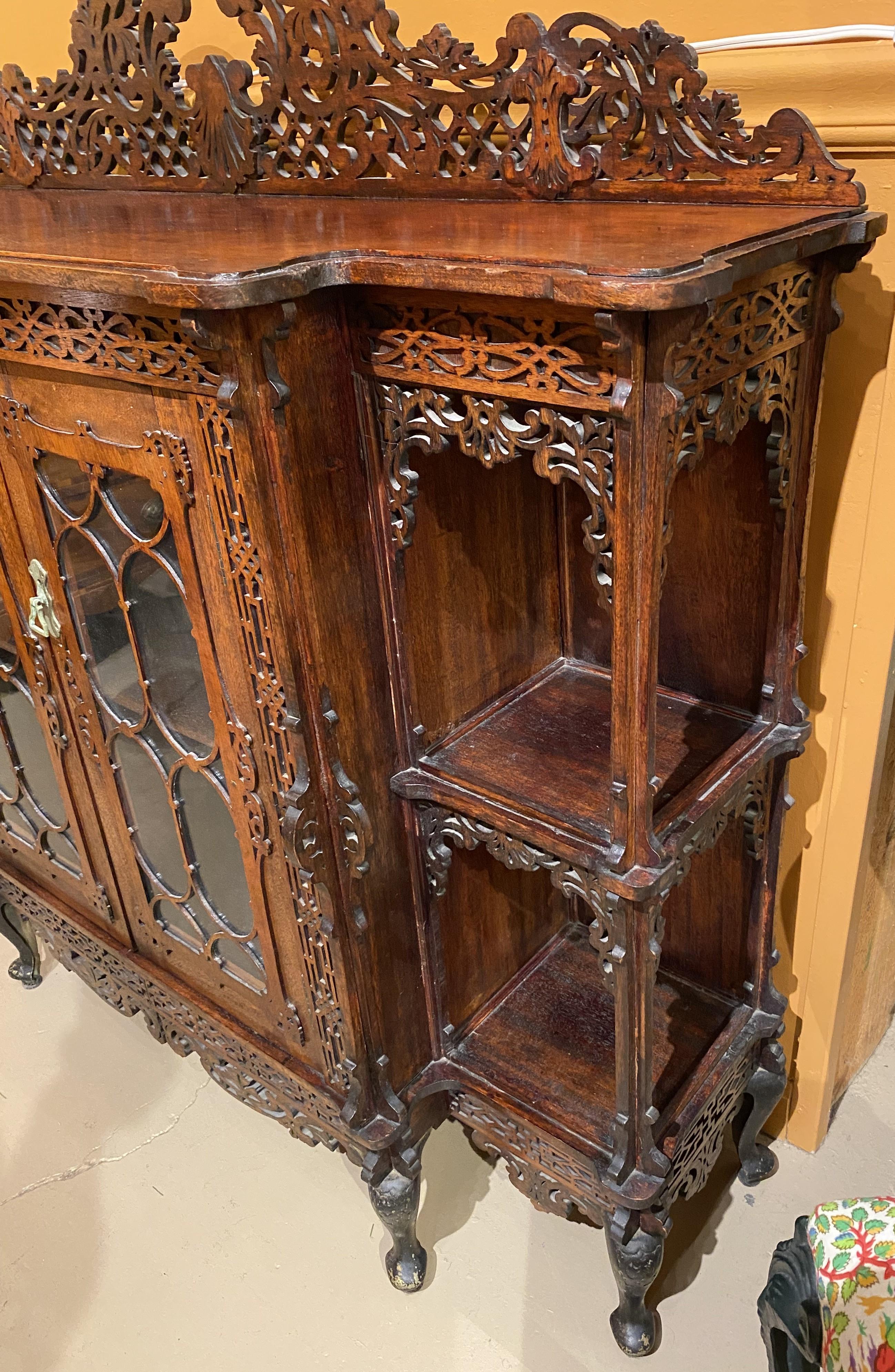 Hand-Carved 19th c Chinese Chippendale Style Mahogany Cabinet Étagère, Probably New Zealand For Sale