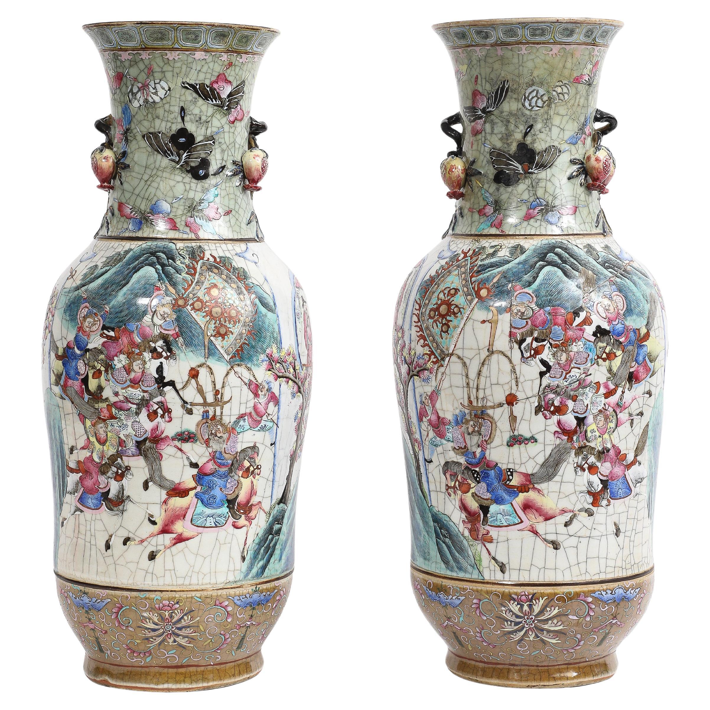 19th C Chinese Crackle Celadon Famille Rose Vases with Pomegranate Handles