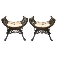 Antique 19th-C. Chinese Ebonized Teak Benches, Pawed Feet and Chinoiserie Fabric, Pair