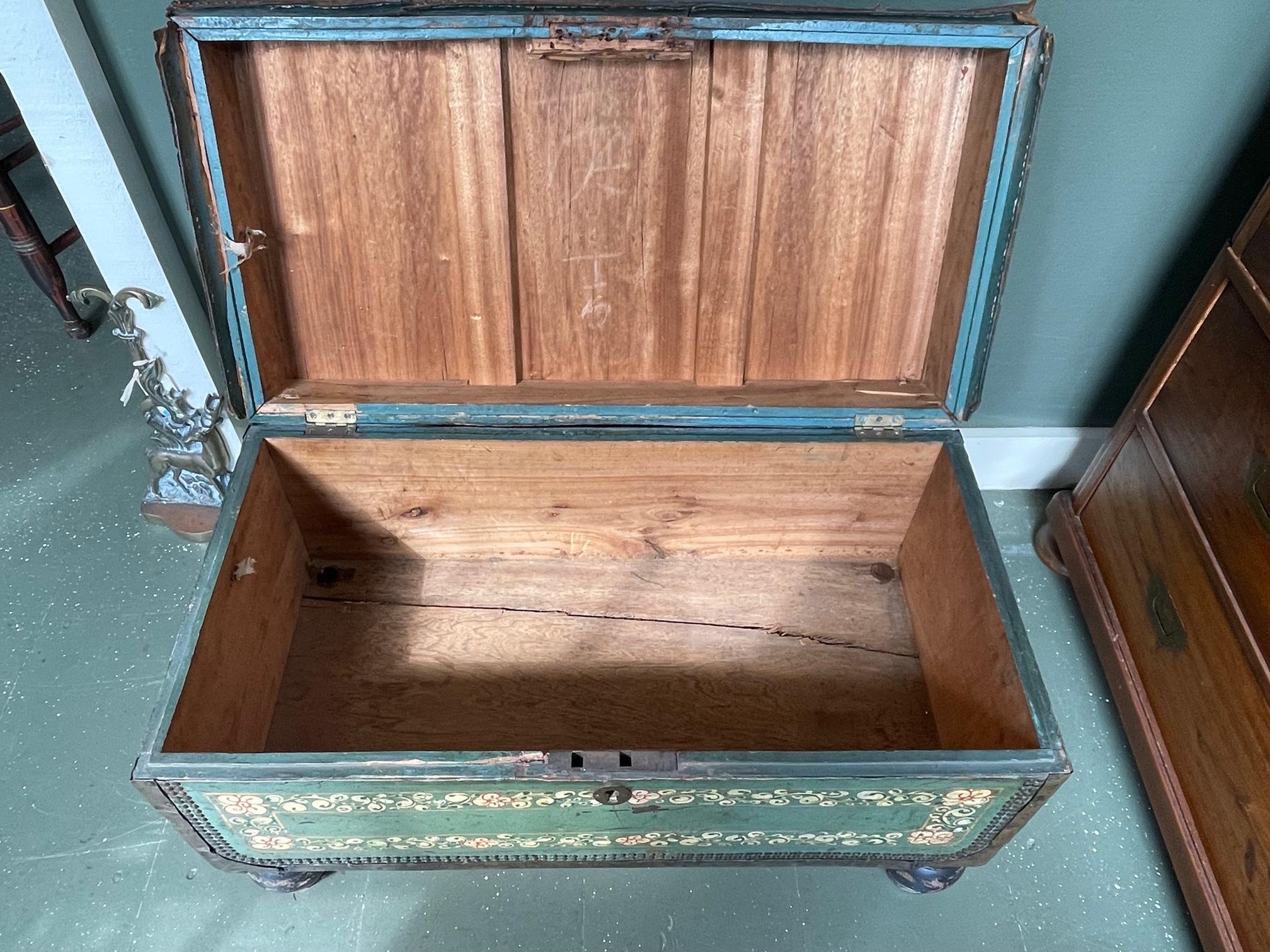 Hand-Crafted 19th C. Chinese Export Camphorwood Chest with Green Leather Exterior