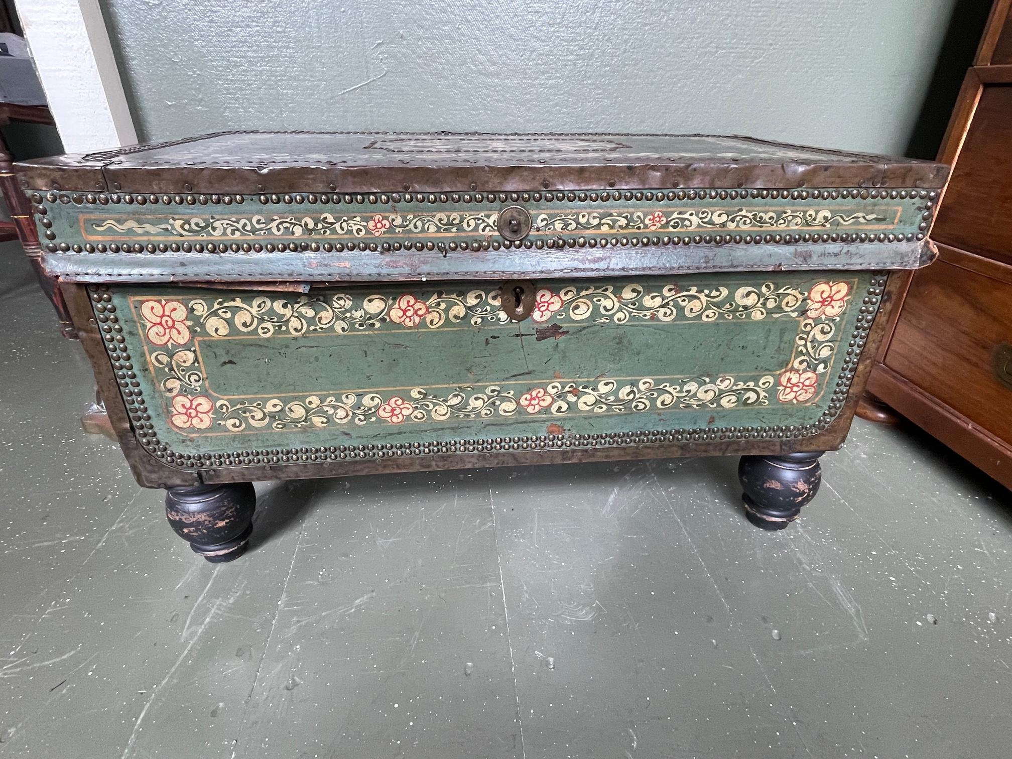 19th Century 19th C. Chinese Export Camphorwood Chest with Green Leather Exterior