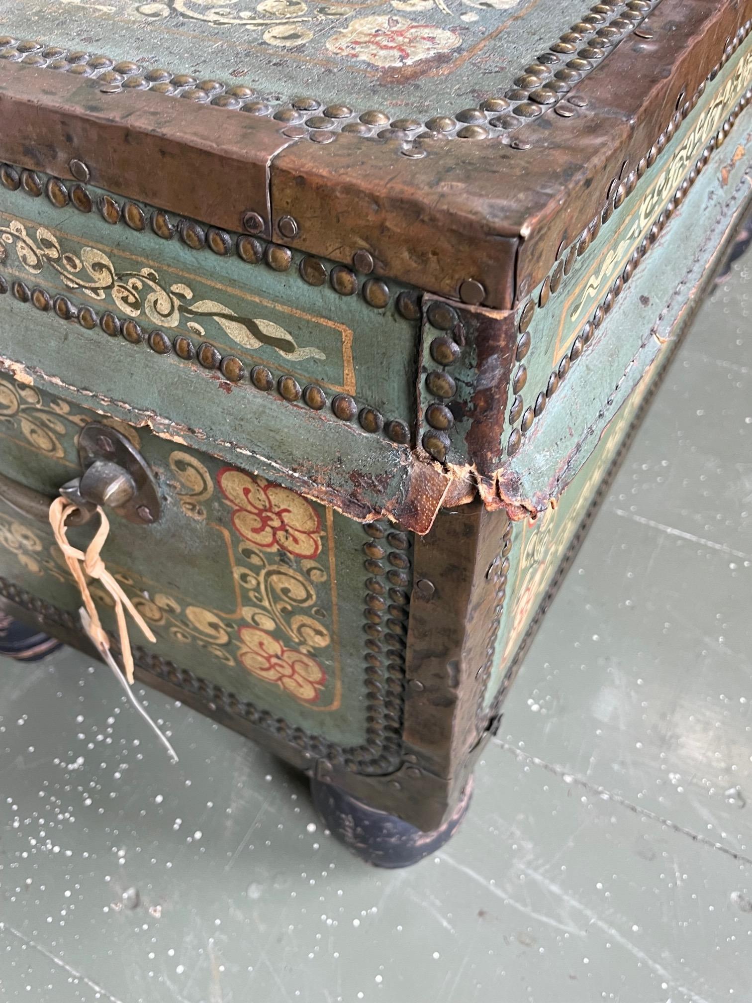 19th C. Chinese Export Camphorwood Chest with Green Leather Exterior 1