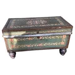 19th C. Chinese Export Camphorwood Chest with Green Leather Exterior