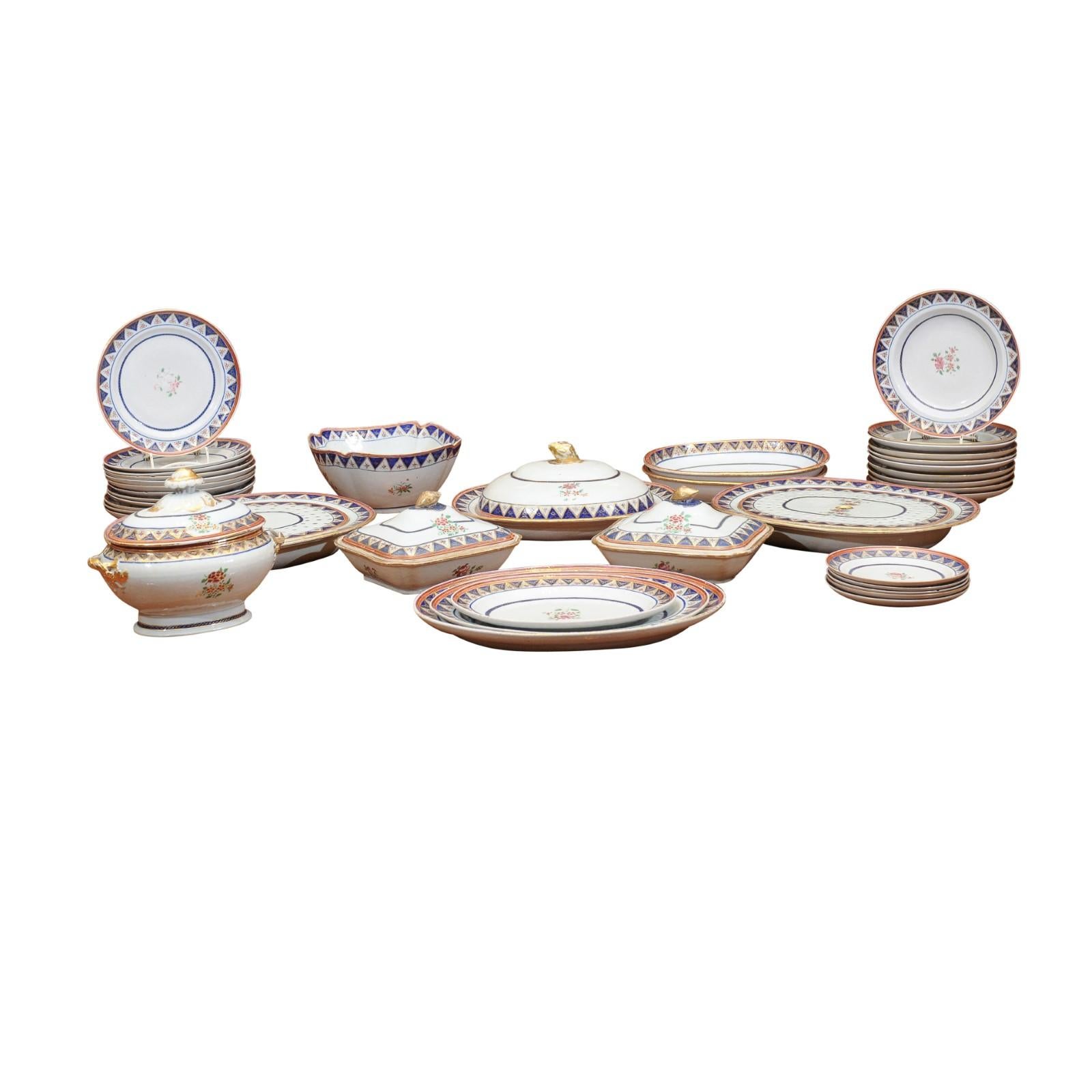 19th C. Chinese Export Famille Rose Porcelain Part-Dinner Service, 45 Piece Set For Sale