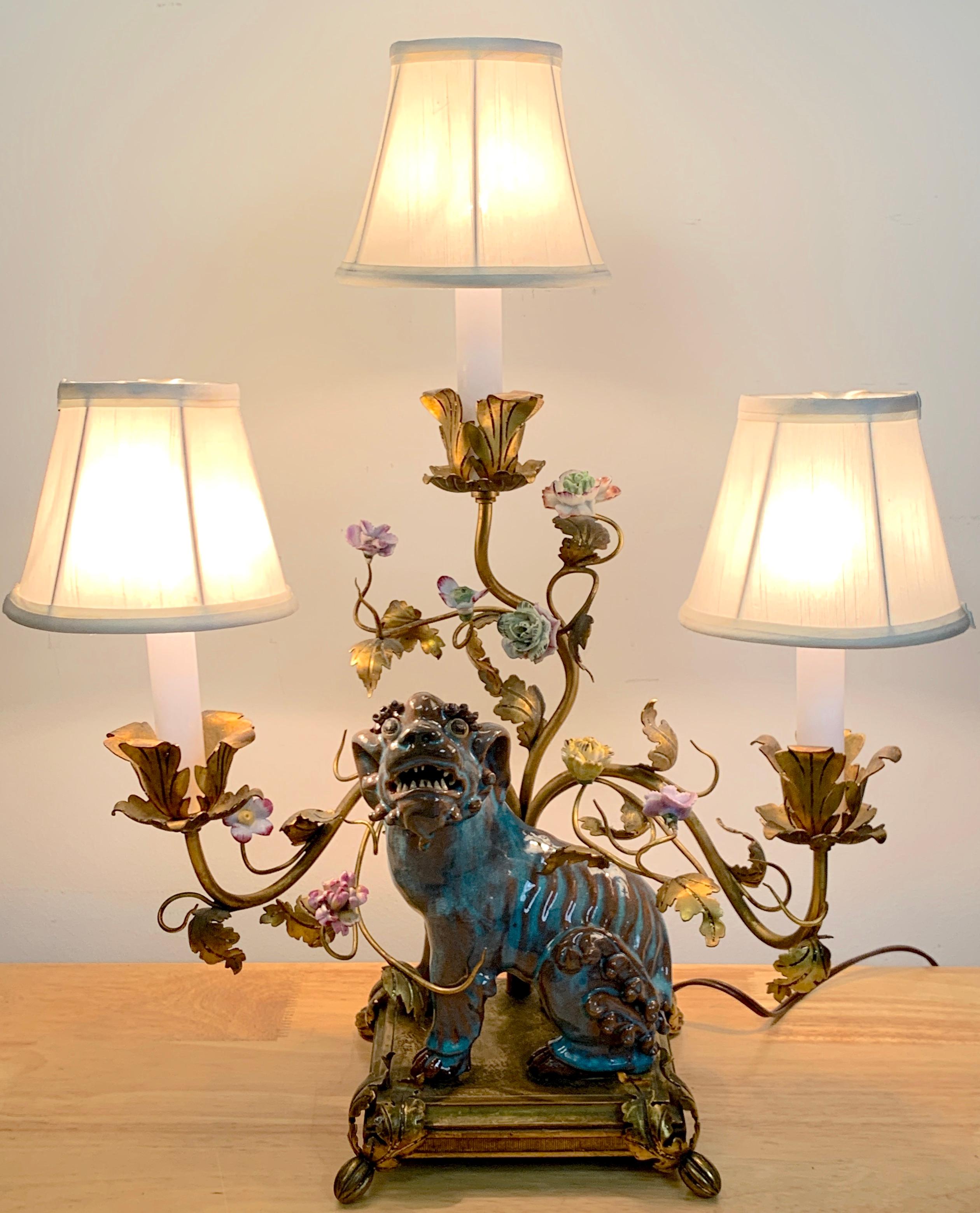 Late Qing Chinese Export Fu Dog Mounted with French Bronze Mounts as a Lamp In Good Condition In West Palm Beach, FL