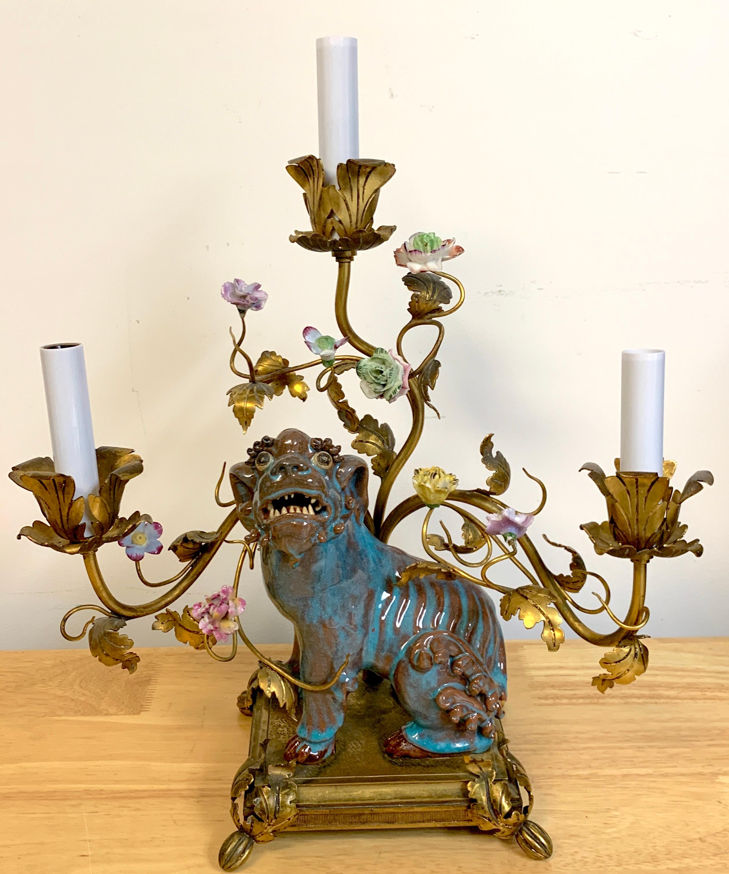 20th Century Late Qing Chinese Export Fu Dog Mounted with French Bronze Mounts as a Lamp