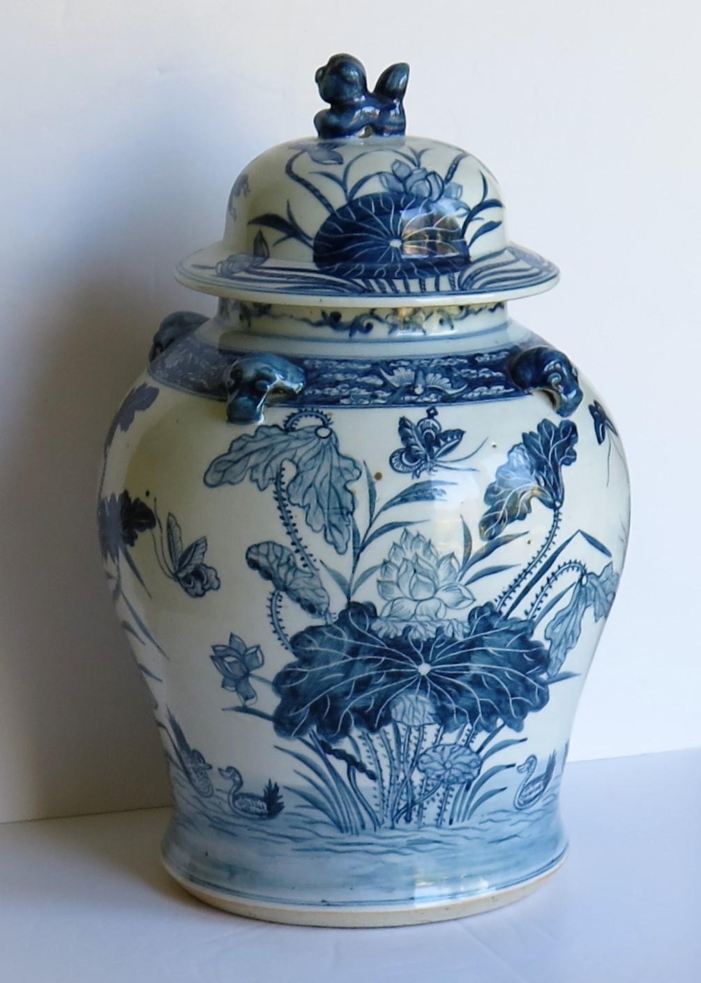 This is a beautiful fairly large Chinese Export, blue and white porcelain Temple Vase or Lidded Jar, which we date to the second half of the 19th century, Qing period.

This is a well hand potted piece with a very good shape and complete with its