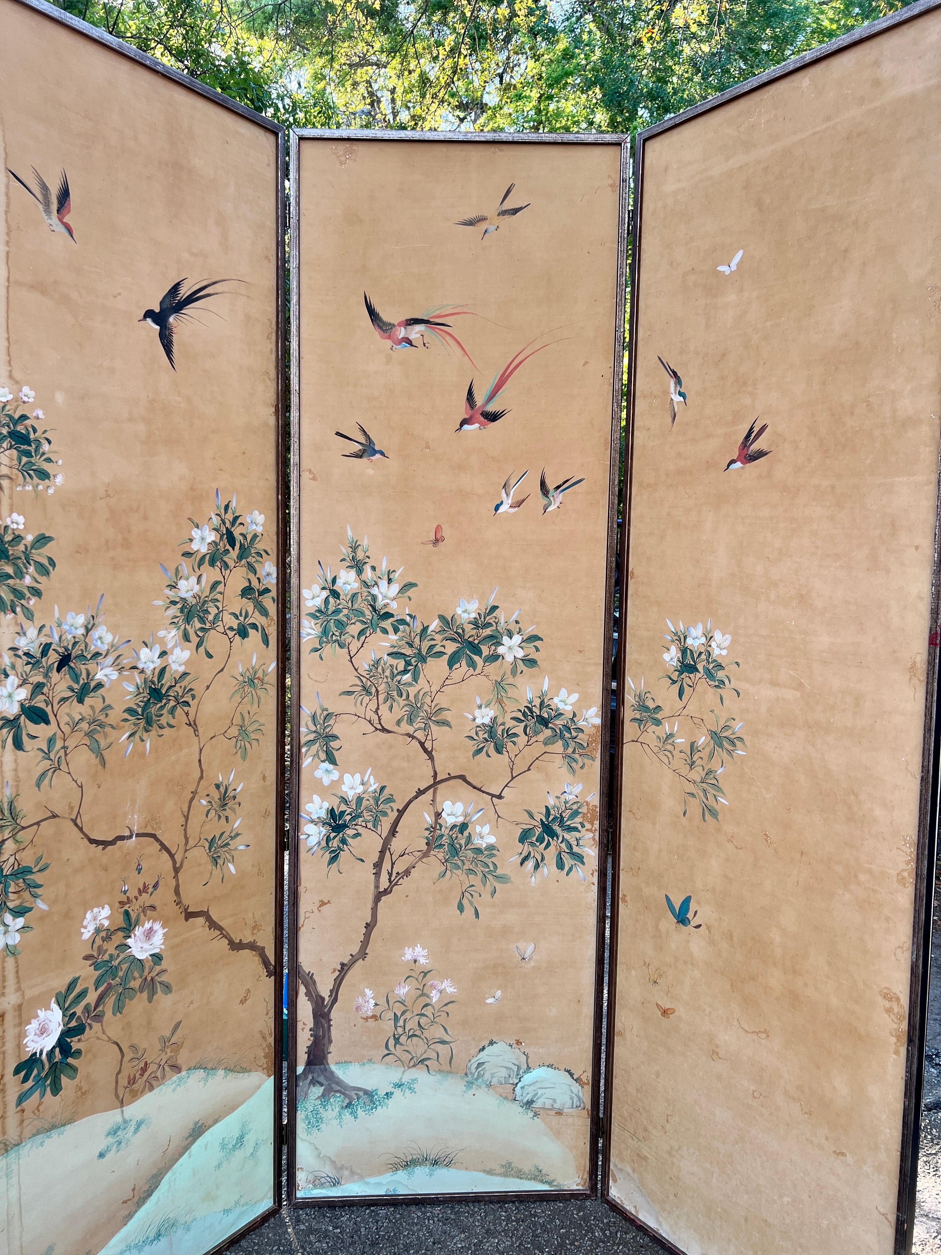 19th C. Chinese Hand Painted Silk 6-Panel Wallpaper Floor Screen Mounted As A Pr For Sale 8
