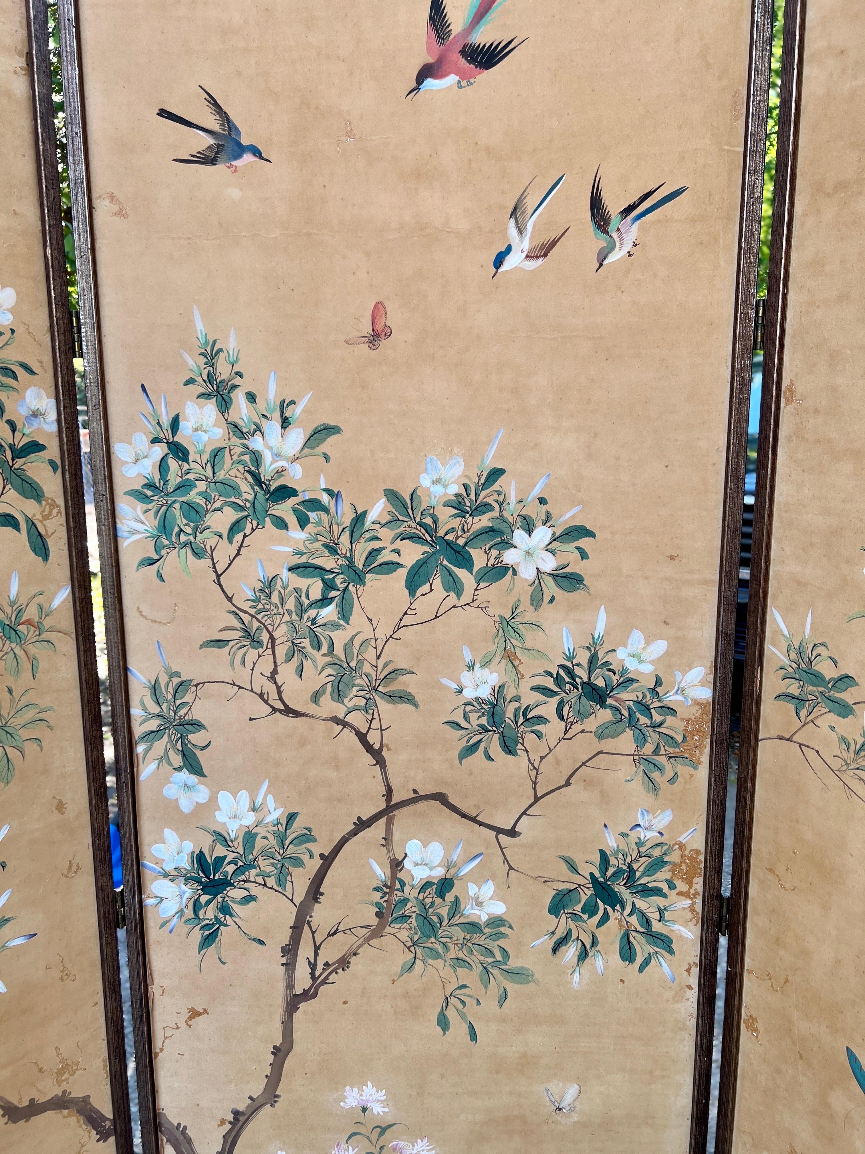 19th C. Chinese Hand Painted Silk 6-Panel Wallpaper Floor Screen Mounted As A Pr For Sale 14
