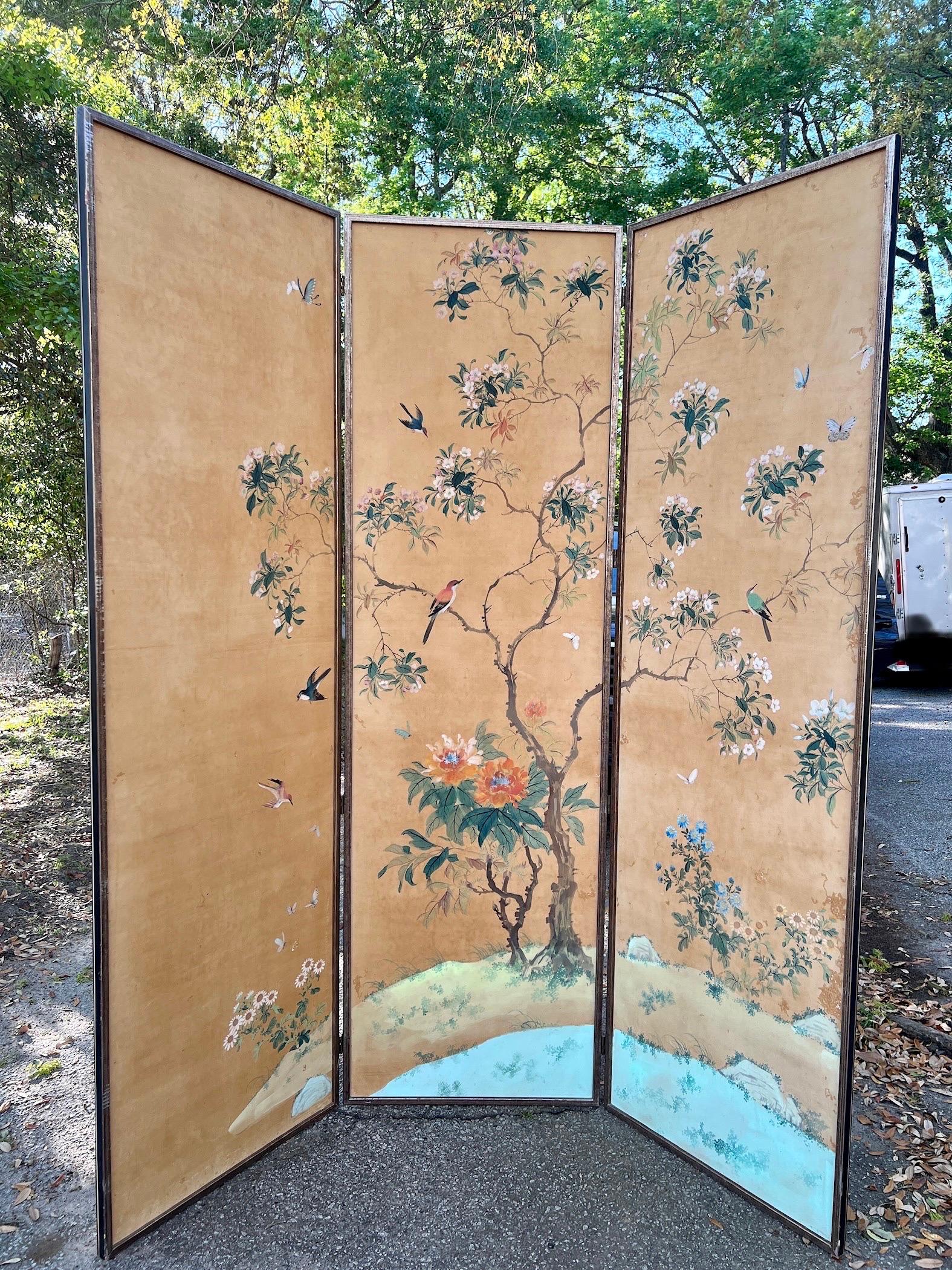 Chinese, 19th or possibly late 18th century.

An oversized Chinese 6 panel wallpaper screen mounted as a PAIR of 3 panel screens. Each nearly 8 foot tall panel has stunning hand laid silk mounted to a strong backboard and embellished with oils,