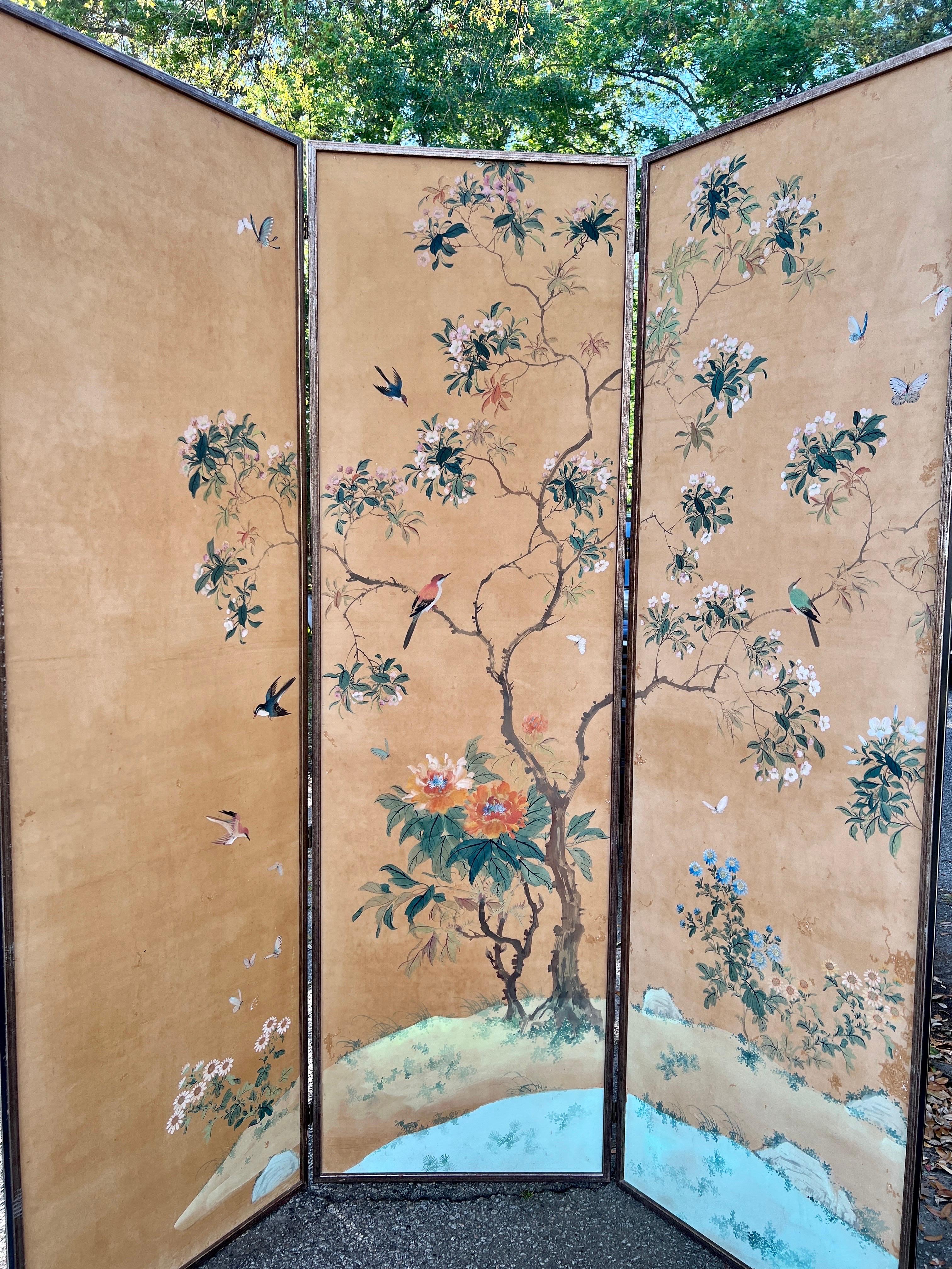 Chinese Export 19th C. Chinese Hand Painted Silk 6-Panel Wallpaper Floor Screen Mounted As A Pr For Sale