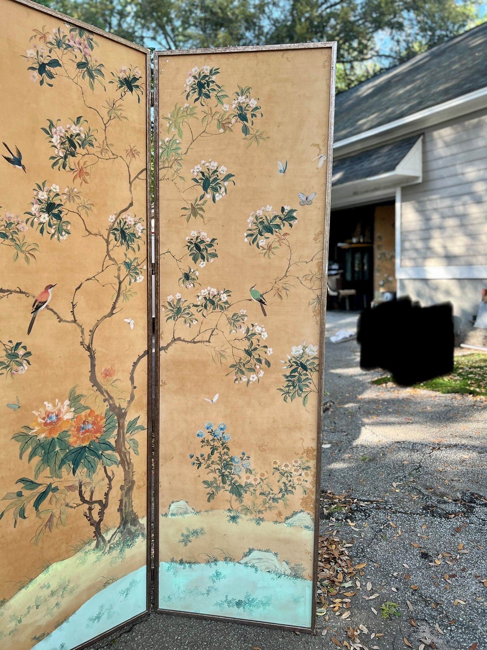 19th Century 19th C. Chinese Hand Painted Silk 6-Panel Wallpaper Floor Screen Mounted As A Pr For Sale